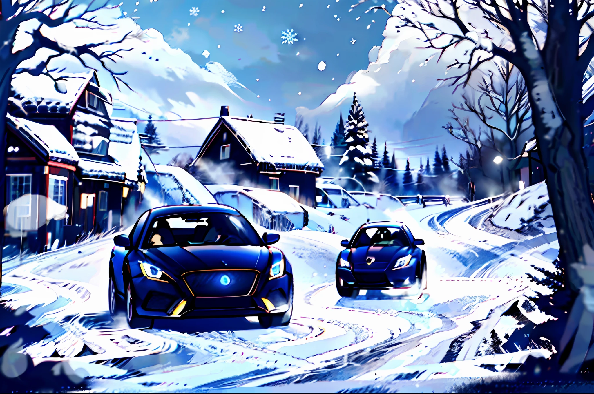 A car sped through the snow,Snowflakes from the body and tires fluttered in the air。The whole photo is dominated by white,The shades of blue and gray trees in the snow contrast with the sports car。