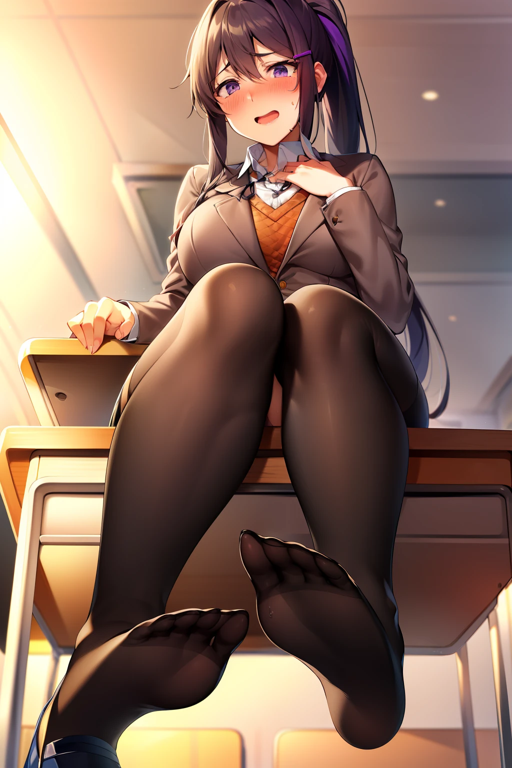2d, masterpiece, best quality, anime, highly detailed, 1girl, solo, yuri, purple hair, purple eyes, hair between eyes, hairclip, very long hair, ponytail, school uniform, straight-on, (full body:1.5), (from below:1.5), thick thighs, looking down at viewer, upskirt, (large breasts:1.3), field, (looming:1.3), mature female, high quality, hd quality, masterpiece, photorealistic, (presenting foot, shoe soles, close-up foot:1.3), intense angle, :d, (sitting on desk:1.6), very low angle, female pervert, toragao, (sitting:1.5), (white undershirt, orange sweater:1.2), (brown jacket:1.4), (absolute territory, black thighhighs:1.4), (uwabaki:1.5), full body in frame, (classroom, indoors:1.3), clasroom desk, blue skirt, (hand on desk:2), (one hand at side:1.6), (embarrassed:1.6), (sweat:1.2), anime girl sitting on a desk with her legs crossed, hyperrealistic schoolgirl, realistic schoolgirl, a hyperrealistic schoolgirl, seductive anime girl, smooth anime cg art, thighs close up, thighs!!!, beautiful anime girl squatting, commission for high res, large thighs, extremely detailed artgerm, sitting on a desk, on a desk, (hand on chest, resting hand on chest:1.1), (hand at side:1.3)
