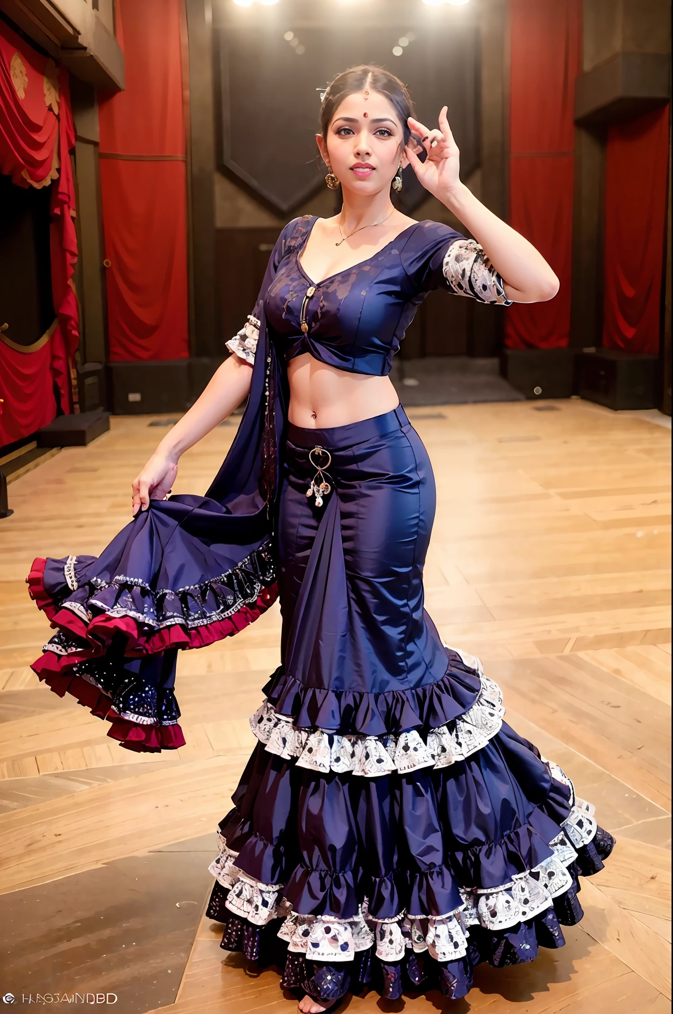 a woman is posing for a photo,(wearing indian_dance_dress_mohiniyattam:1.3), navel, cleavage, 
good hand,4k, high-res, masterpiece, best quality, head:1.3,((Hasselblad photography)), finely detailed skin, sharp focus, (cinematic lighting), collarbone, night, soft lighting, dynamic angle, [:(detailed face:1.2):0.2],(((exhibition inside theater))),