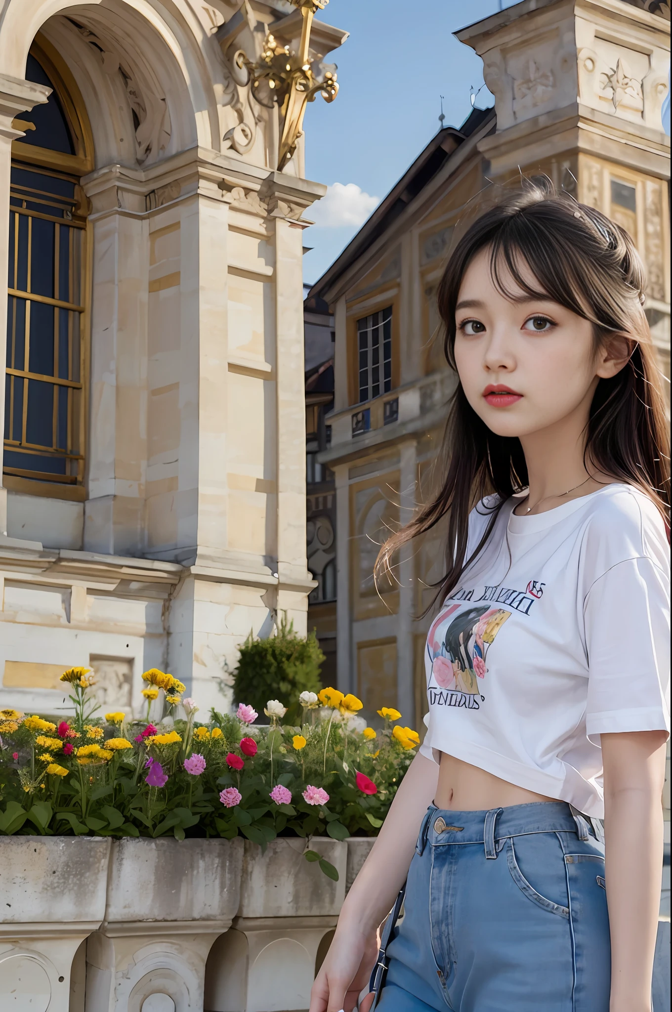 1girl,close-up,(Chateau de Versailles, Pisa Baptistery Of St. John background, Flowers,navel,crowd),night, t-shirt,, 8k, RAW photo, best quality, masterpiece,realistic, photo-realistic,