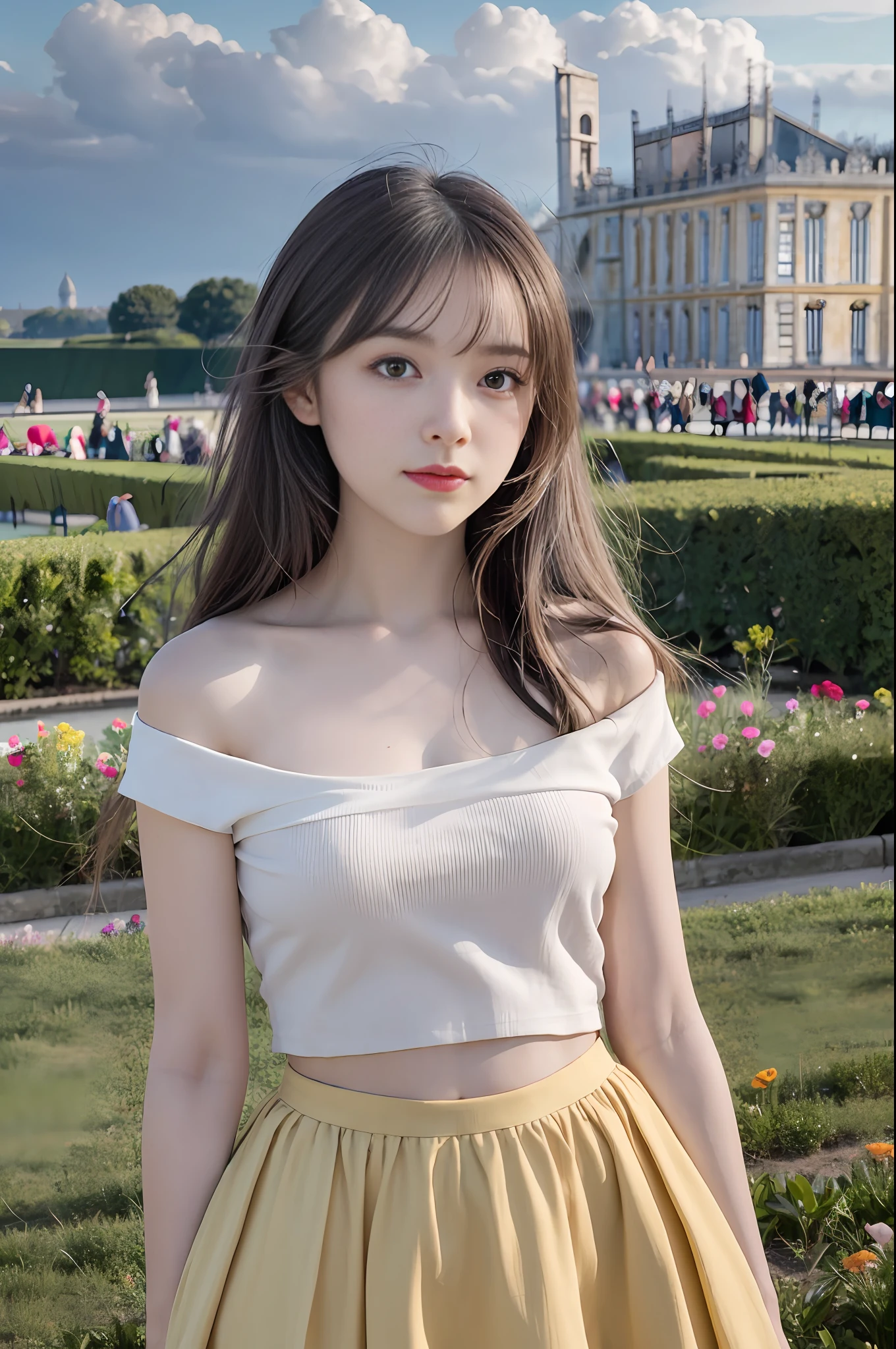 1girl,close-up,(Chateau de Versailles, Pisa Baptistery Of St. John background, Flowers,navel,crowd),night, t-shirt,, 8k, RAW photo, best quality, masterpiece,realistic, photo-realistic,