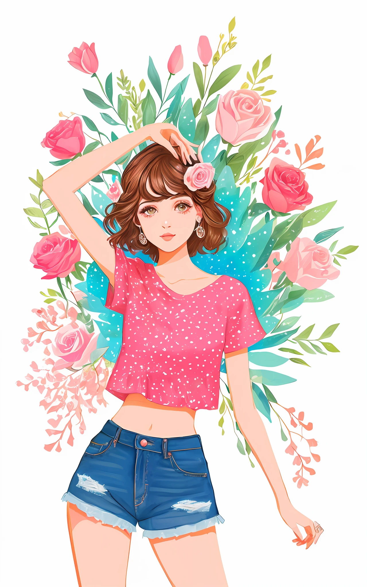 um desenho de uma mulher em um top rosa e shorts com estampa de leopardo, estilo de arte bonito, arte digital bonito, Cartoon style illustration, arte fofa, in style of digital illustration, arte digital. @mariomaniacdude, Estilo de desenho bonito, estilo de desenho, arte inspiradora, desenhado com photoshop, vida como, decora inspired illustrations, desenho animado bonito, sugary sweet