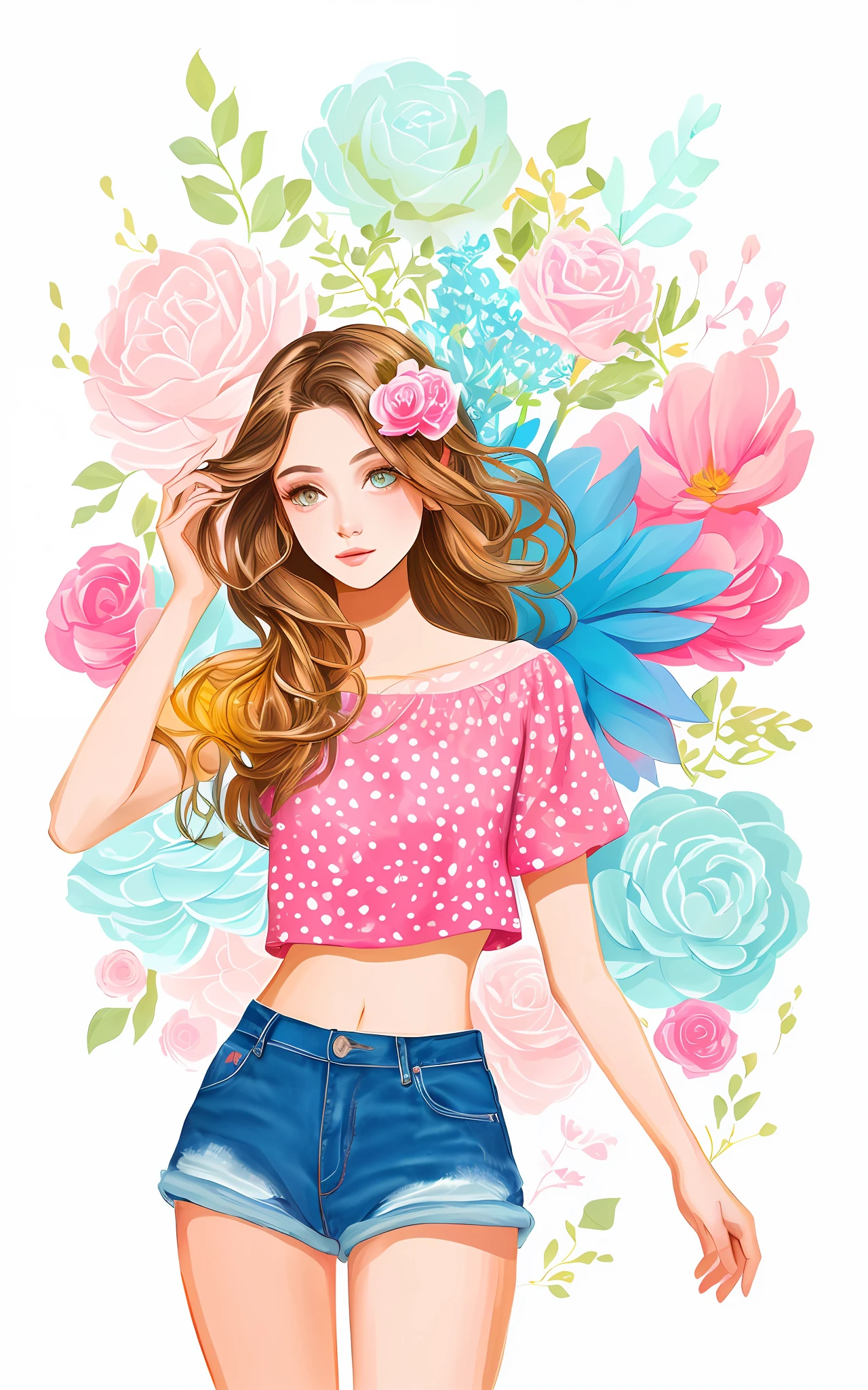 um desenho de uma mulher em um top rosa e shorts com estampa de leopardo, estilo de arte bonito, arte digital bonito, Cartoon style illustration, arte fofa, in style of digital illustration, arte digital. @mariomaniacdude, Estilo de desenho bonito, estilo de desenho, arte inspiradora, desenhado com photoshop, vida como, decora inspired illustrations, desenho animado bonito, sugary sweet