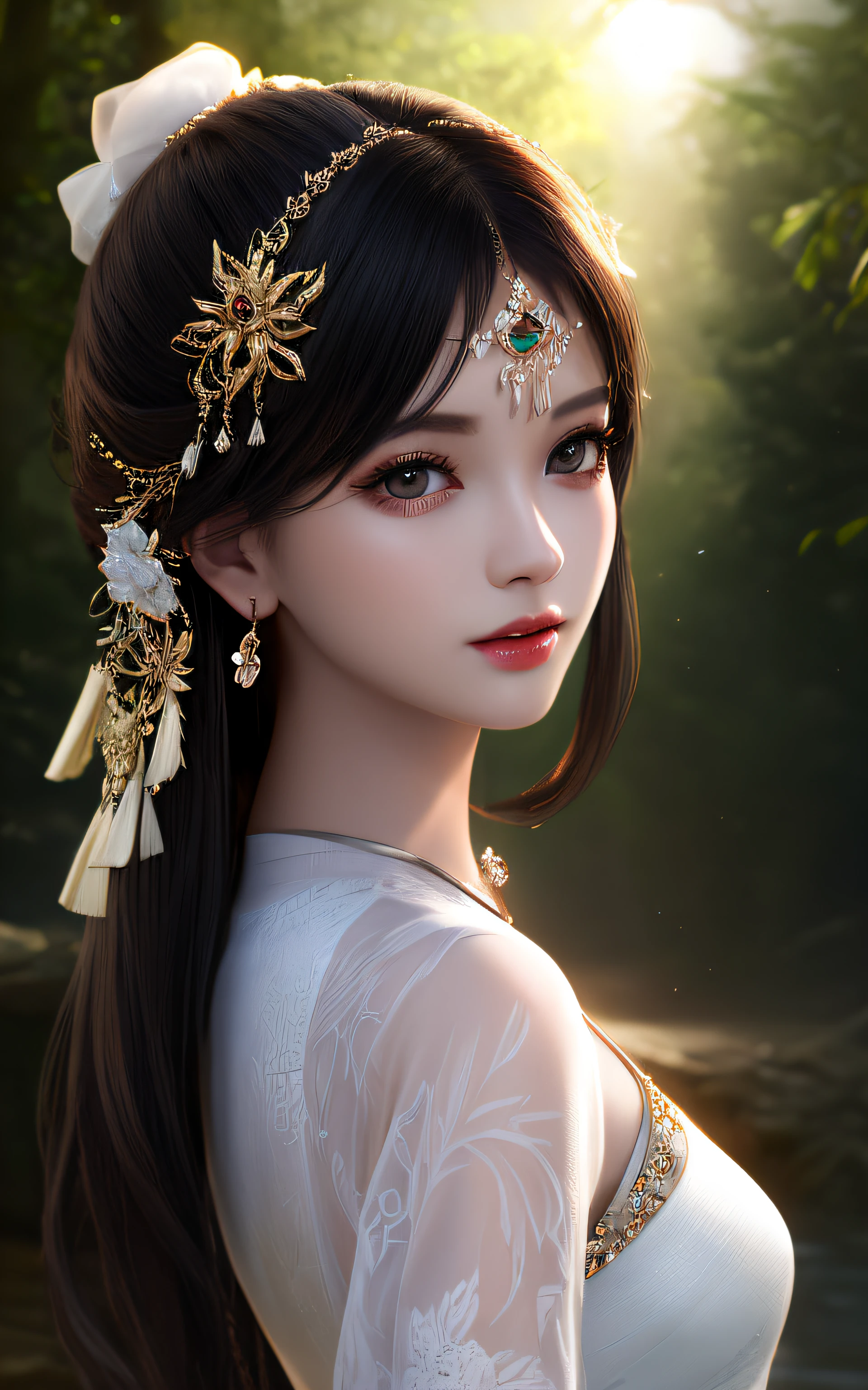 Good quality、杰作、high resolusion、1 girl、White porcelain dress、hair ornament、gargantilha、jewelries、beautifull face、lakeside,A secluded ancient forest,Delicate skin,Sunlight exposure,physics、Tindal effect、Lifelike、Dark Studio、edgelighting、duotone lighting、(High Detail Skins:1.2)、8K UHD , DSLR, softlighting, high qulity, volumettic light, Candid camera, photographs, high resolusion, 4K, 8K, Background bokeh