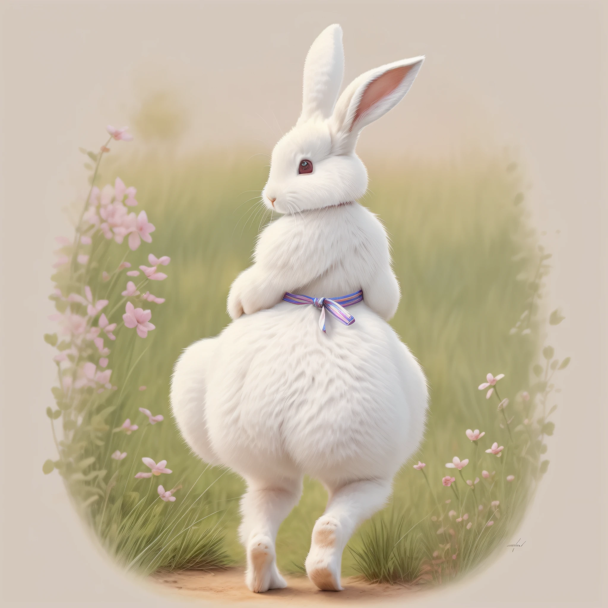Children's Picture Book Illustration、Back view of cute white rabbit、a Pretty、Bipedal、Humanification of the rabbit、3 head body、Setting image、2 rabbit ears、colored illustration、Composition materials、Colorful colors、Deformed rabbit、18th century French clothing、