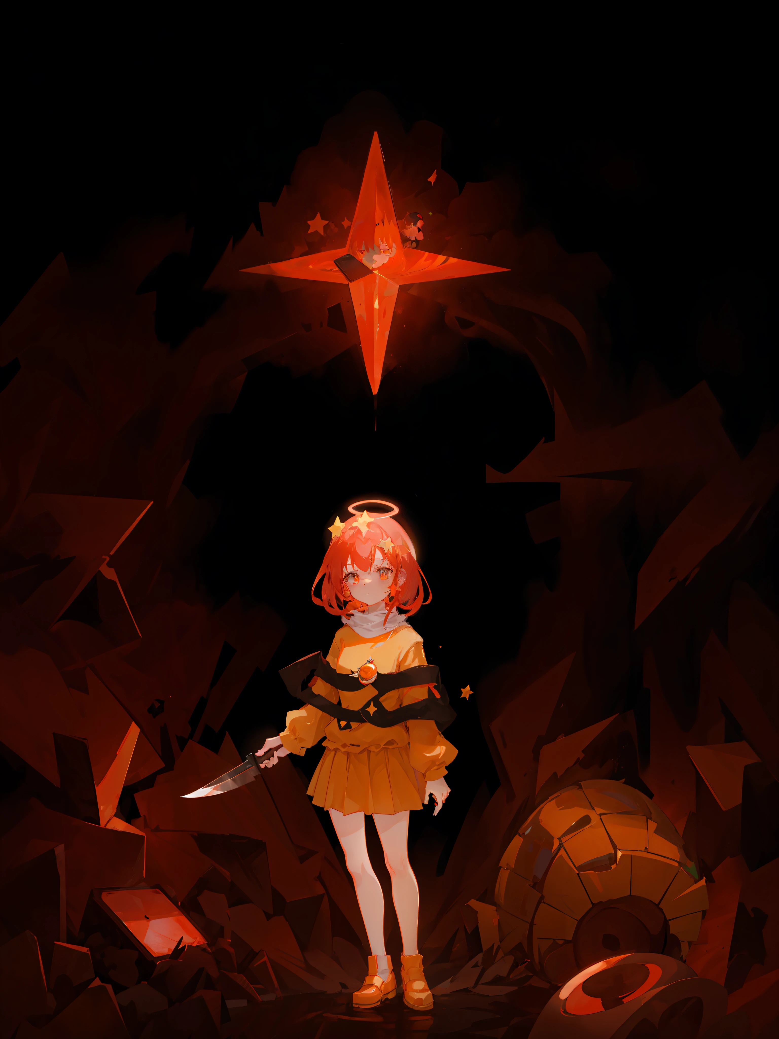 anime girl with a star in the background, yume nikki, holding a knife 🔪,madeline from celeste, emitting evil red aura, made of lava, inspired by Luma Rouge, orange halo around her head, garnet from steven universe, with a red halo over her head, sunstone, female protagonist 👀 :8, undertale, vermilion, in the void, phone wallpaper