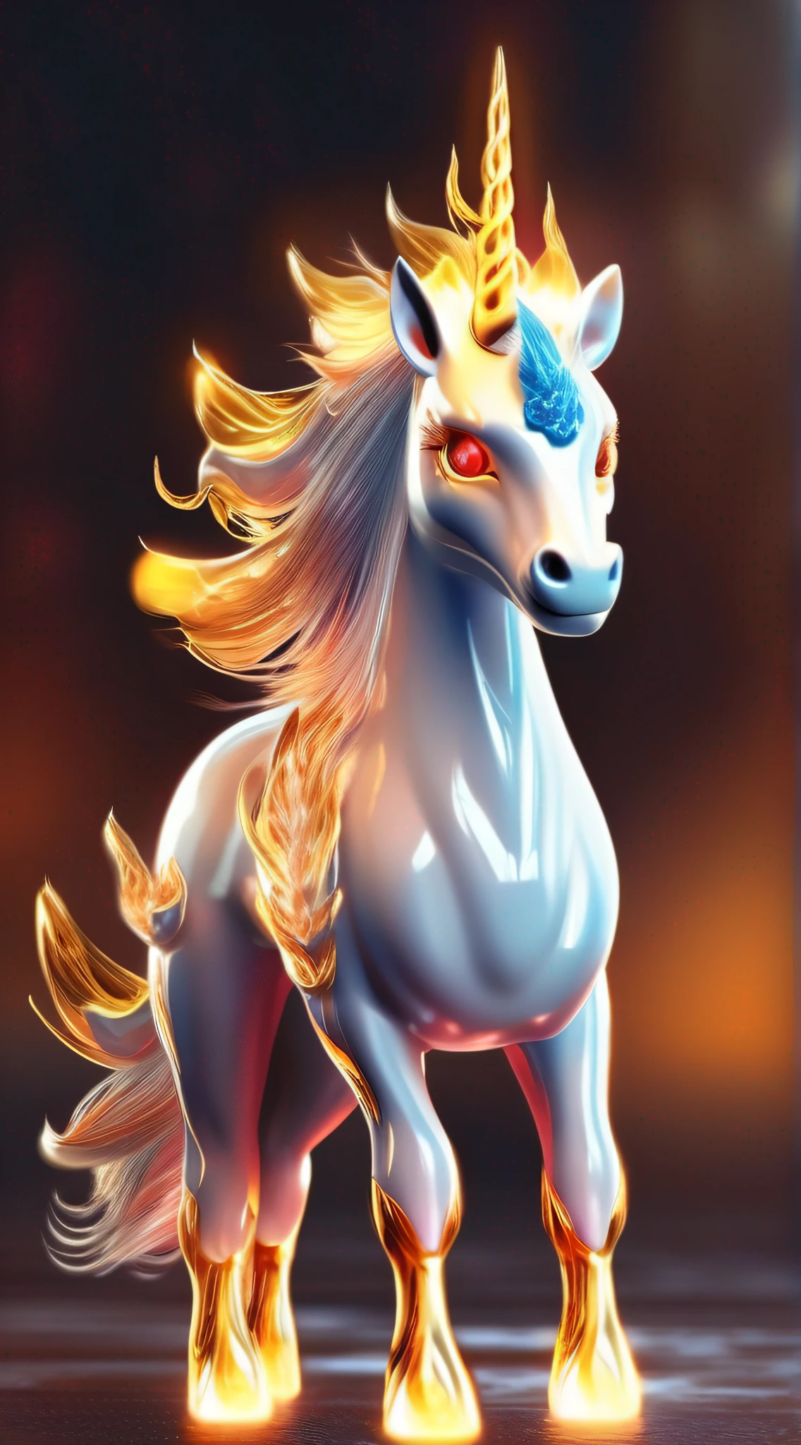 Unicorn，Chinese mythical beasts，crystal，it is crystal clear，glistening shiny，Cutes，ren，prette，mighty，The whole body is wrapped in flames，Ultra-fine fur，Golden eyes，intricately-detailed，Flame background，Center，Face sideways，strength，8K，Virtual Engine，octaneratingrendering，Ultra HDR，