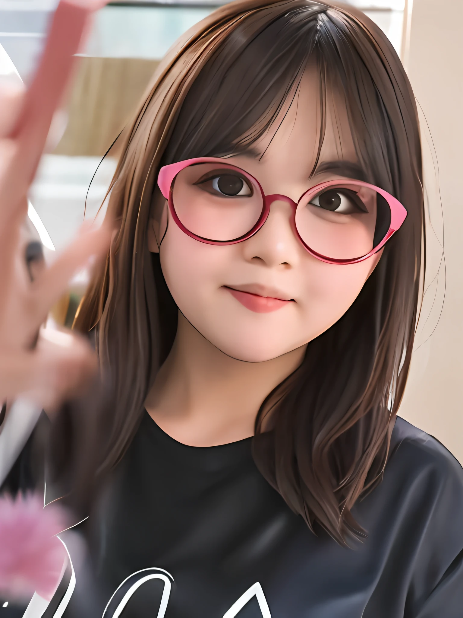 there is a woman with glasses and a black shirt posing for a picture, Round face, cuteface,transparent glasses, wearing thin large round glasses, With glasses, eye glass, Fleshy face,Fat face,Chubby face,Fleshy face,2 9 , 8k selfie photograph, thick glasses