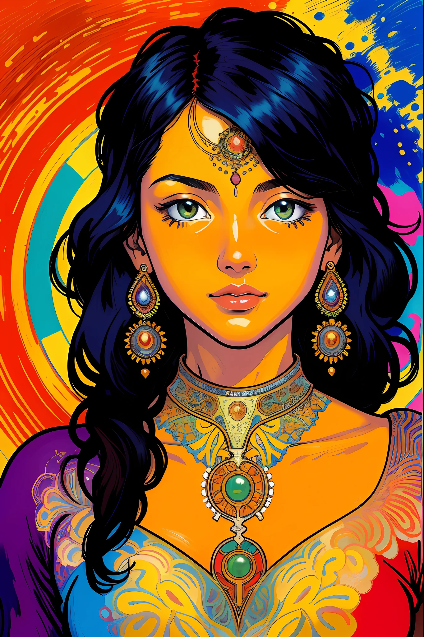 modern Indian woman (masterpiece, 4k ,ultra detailed,raw photo:1.2),illustration, (1woman:1), (simple background:1.4), (symmetry:1.2), (art deco:1.4), (retro-futuristic:1.4), (minimalism:1.4), (clean:1.4), (flat_color:1.4), (cyberpunk:1.4), CCDDA Artstyle