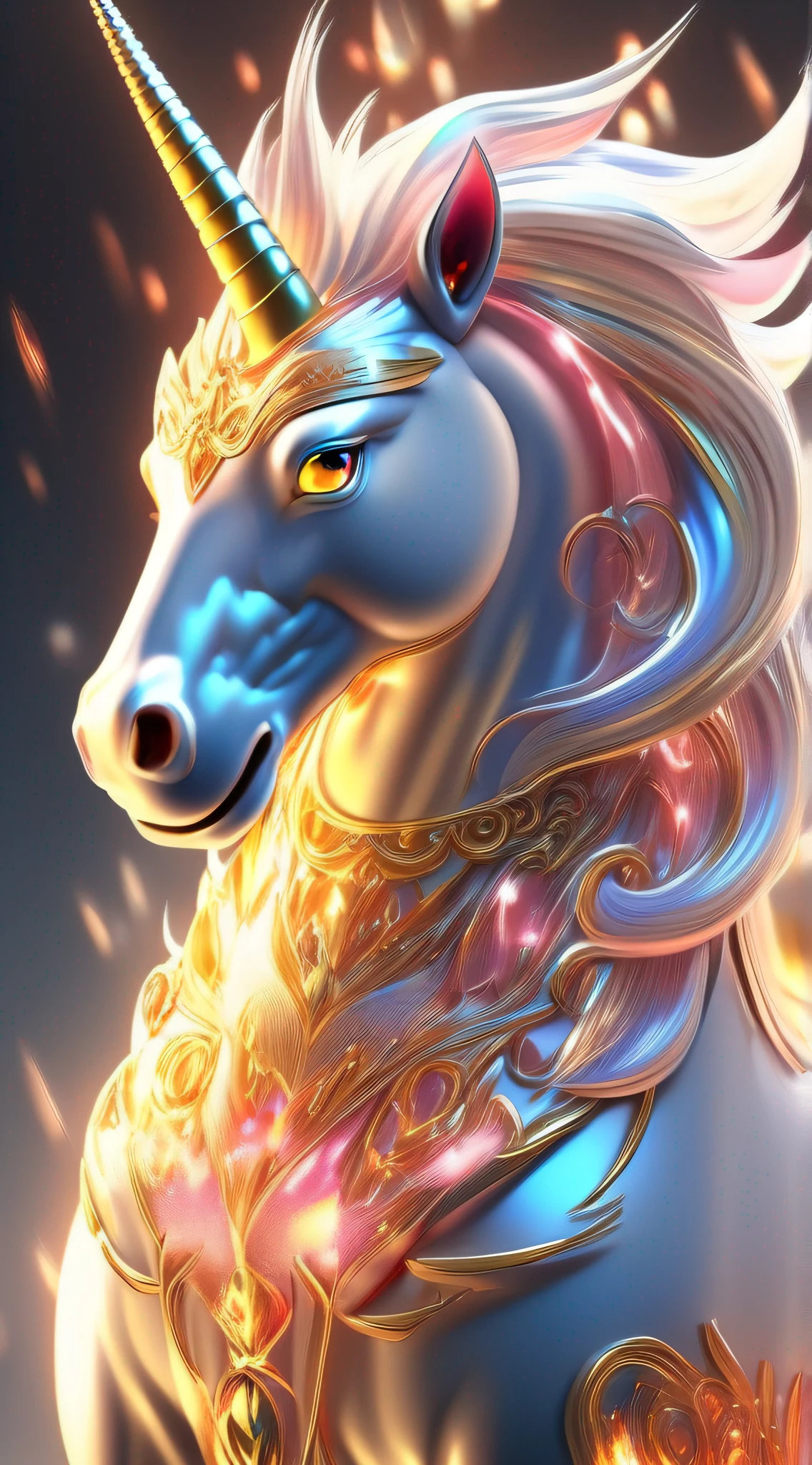 Unicorn，Chinese mythical beasts，crystal，it is crystal clear，glistening shiny，Cutes，ren，prette，mighty，The whole body is wrapped in flames，Ultra-fine fur，Golden eyes，intricately-detailed，Flame background，Center，Face sideways，strength，8K，Virtual Engine，octaneratingrendering，Ultra HDR，
