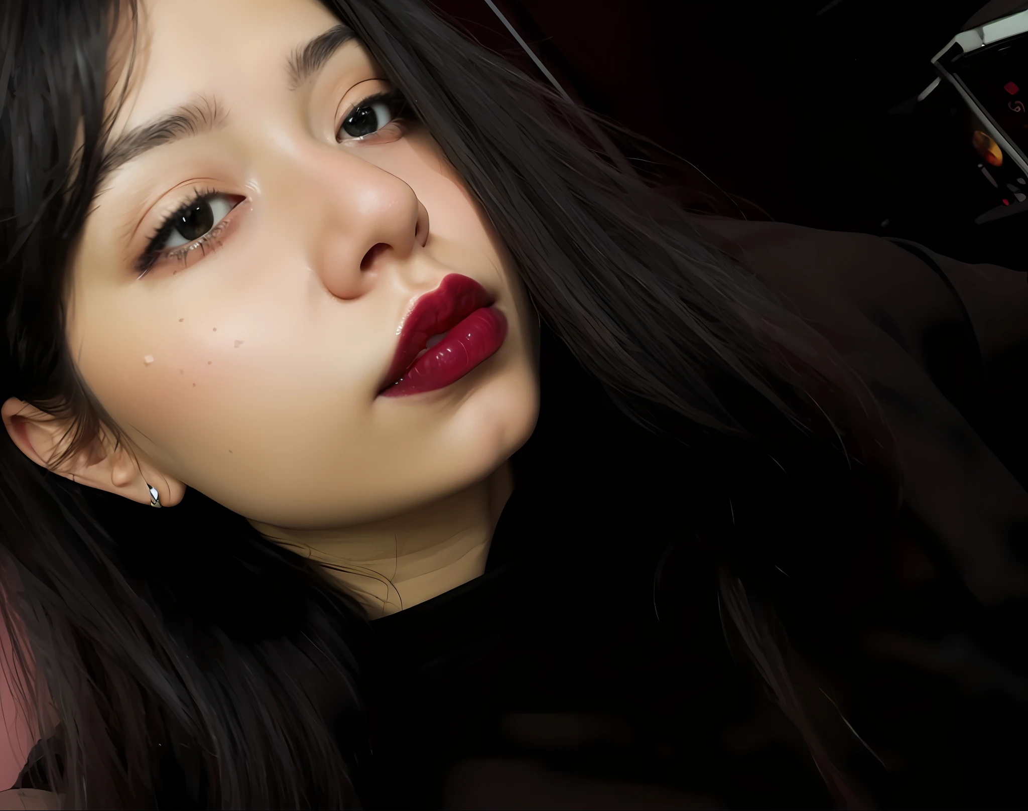 arafed woman with long black hair and red lipstick looking at the camera, small lips pointy nose, dark lipstick, labios rojos tenues, Tonos rojos y negros, labios de color rojo intenso, Tonos negros y rojos, labios rojos gruesos, con una barbilla puntiaguda, labios rojo oscuro, desde 8 K mate, 🤤 girl portrait, labios rojos, red lipstick on face