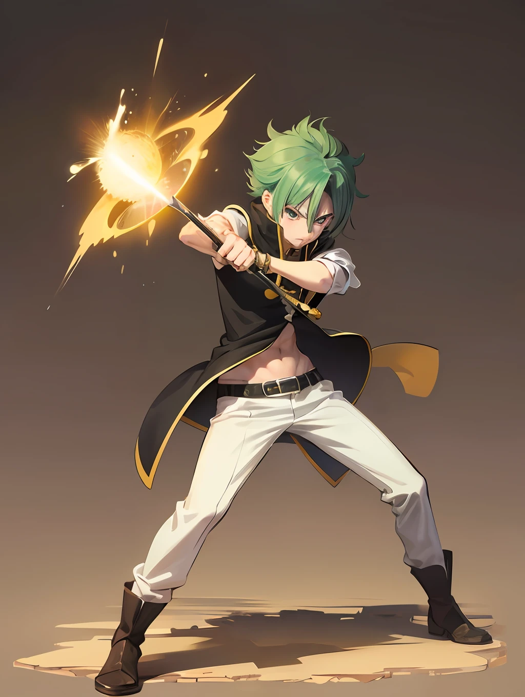 Green haired boy with anime hair style showing of his earth magic in the middle of desert. Draw with fairy tail (Mashima Hiro) style. Create with paint tool sai. Already retouching with photoshop. Full body drawing. Pose inspired by natsu dragneel fitpghting pose. --auto