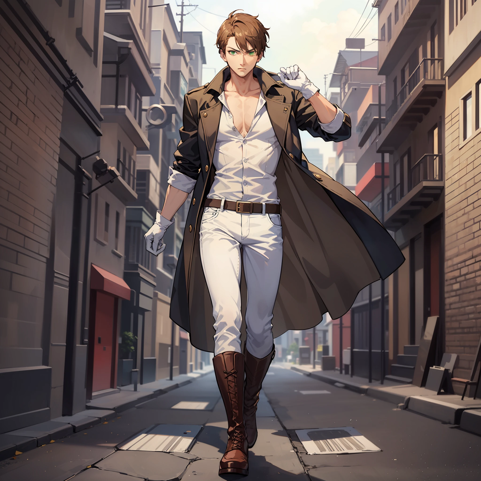A serious man, Quite a decent figure, Short light brown hair, Green eyes, wearing white gloves, wear shirt, no-sleeves trench coat, Jeans, jump boots, Villain, anime figure