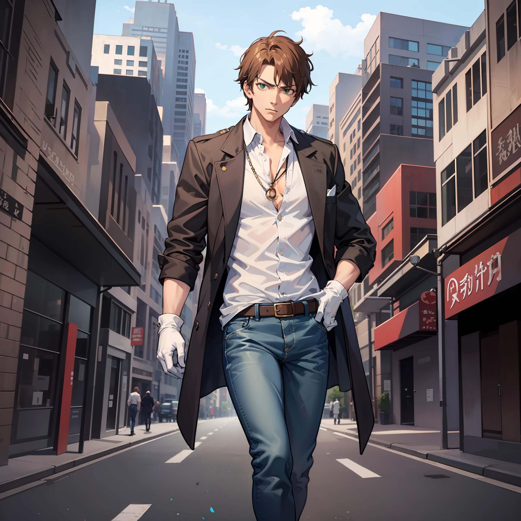 A serious man, Quite a decent figure, Short light brown hair, Green eyes, wearing white gloves, wear shirt, no-sleeves trench coat, jeans, jump boots, Villain, anime figure