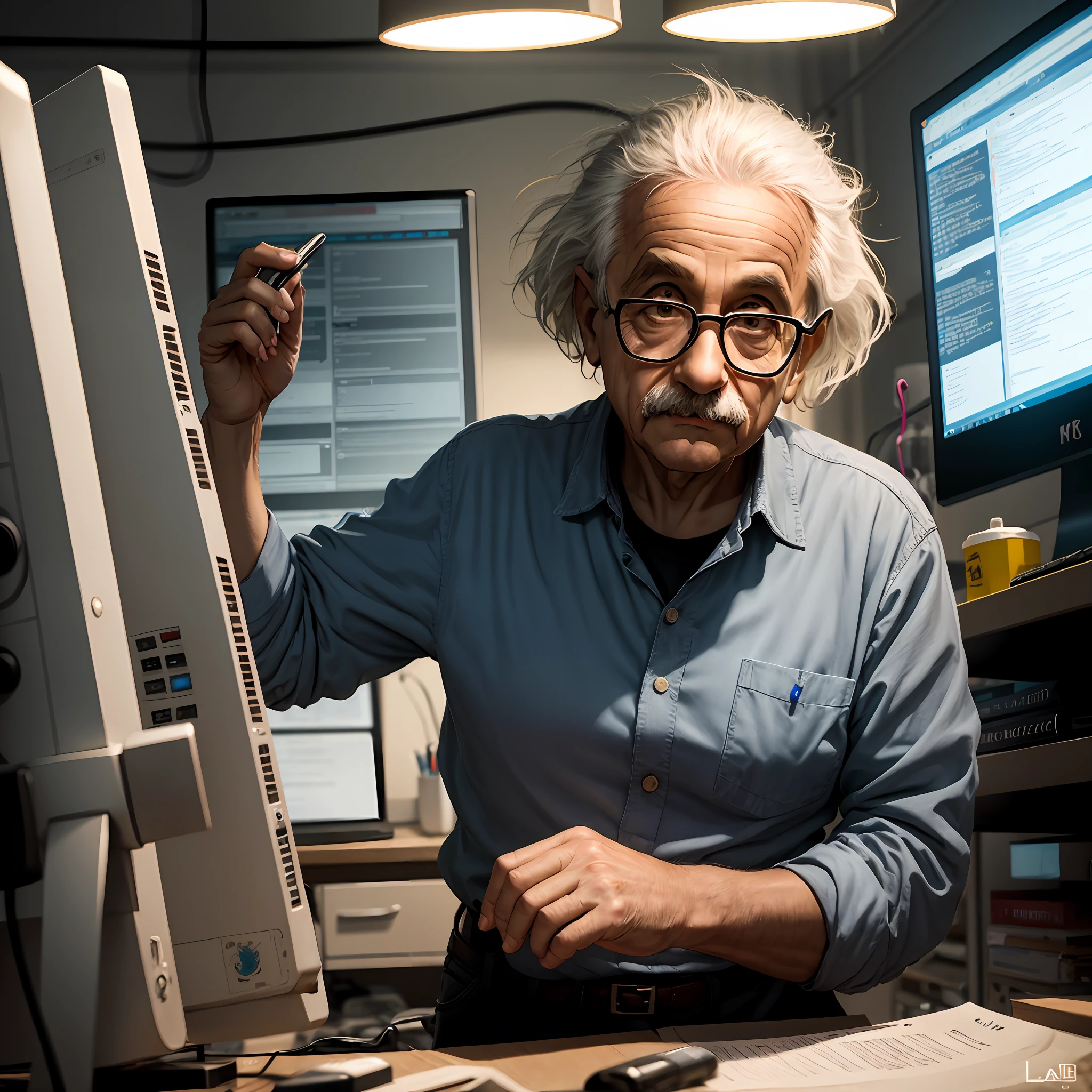 Albert Einstein,  estilo Pixar, muchos detalles, laboratorio, board with Python programming script and logo, lighting, libros, computador , profeNestor --auto