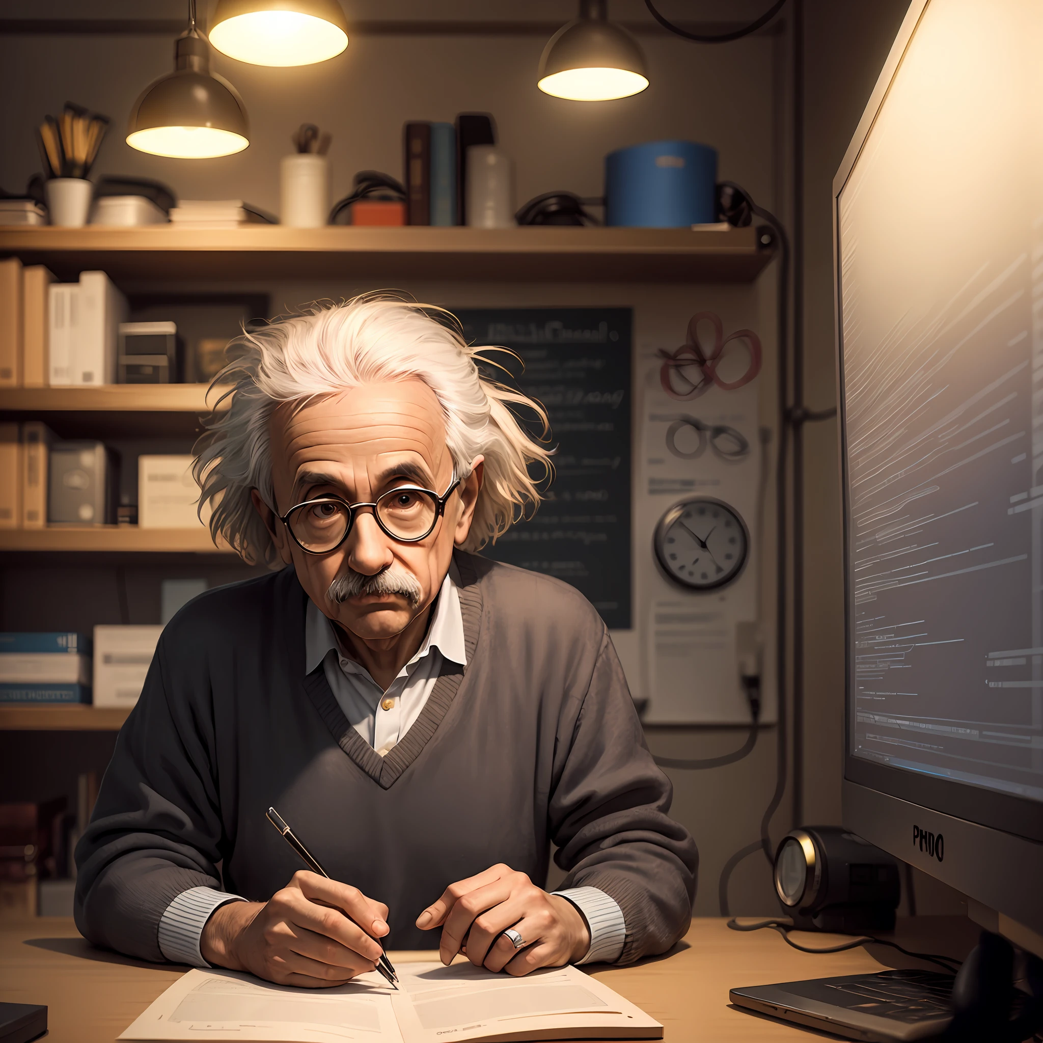Albert Einstein, estilo Pixar, muchos detalles, laboratorio, board with Python programming script and logo, lighting, libros, computador , profeNestor --auto