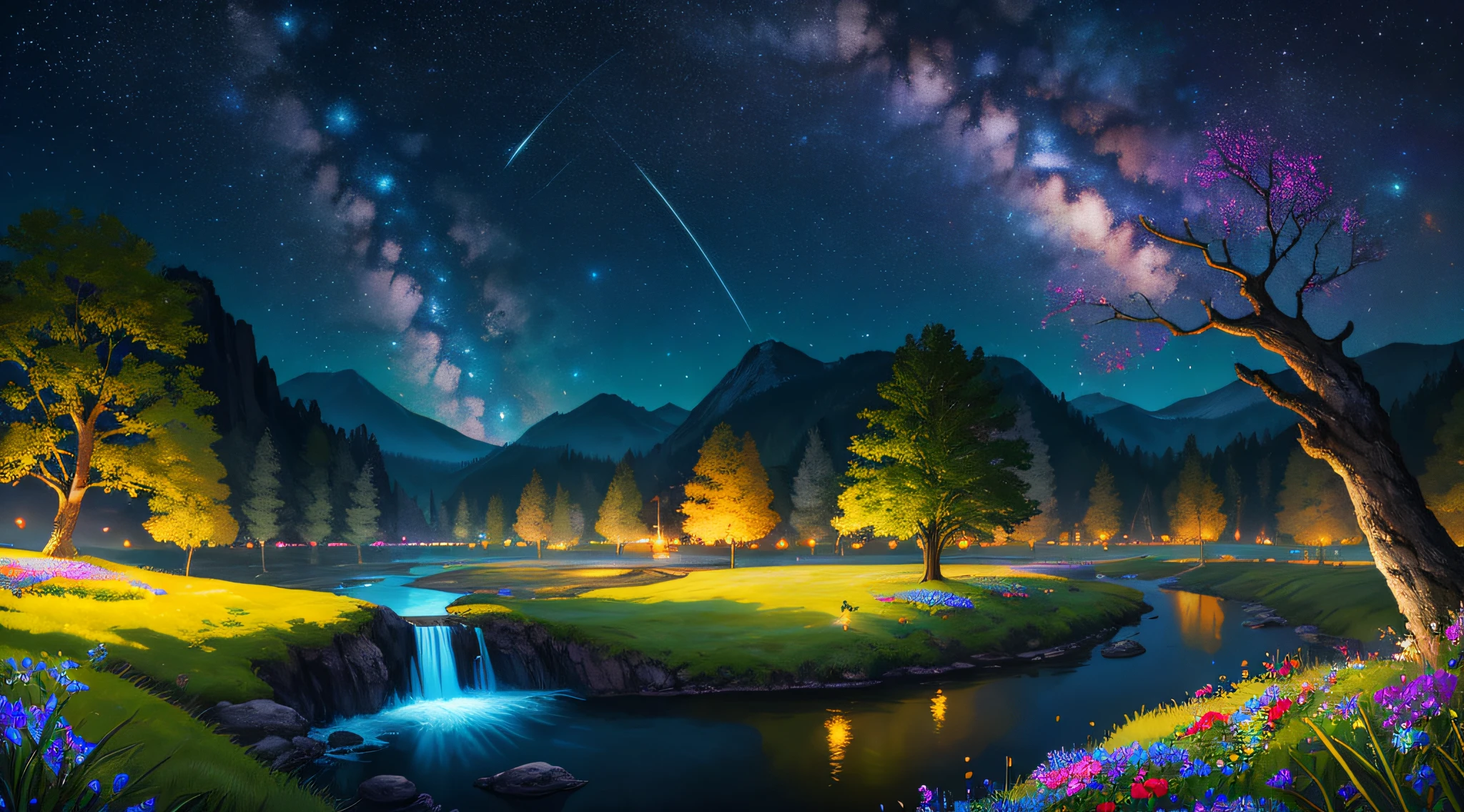 masterpiece, best quality, high quality, extremely detailed cg unity 8k wallpaper, an extremely colorful and purely fantasy environment with vibrant hues and a bright night sky, sky full of stars, landscape of bright green grass, colorful trees, glittering fruits, and bright glowing blue flowers. the streams are a deep shade of black, and the air is filled with sweet exotic scents. the environment appears to be taken out of a dream, with luminescent butterflies and giant colorful birds flying around, award winning photography, bokeh, depth of field, hdr, bloom, chromatic aberration ,photorealistic,extremely detailed, trending on artstation, trending on cgsociety, intricate, high detail, dramatic, art by midjourney