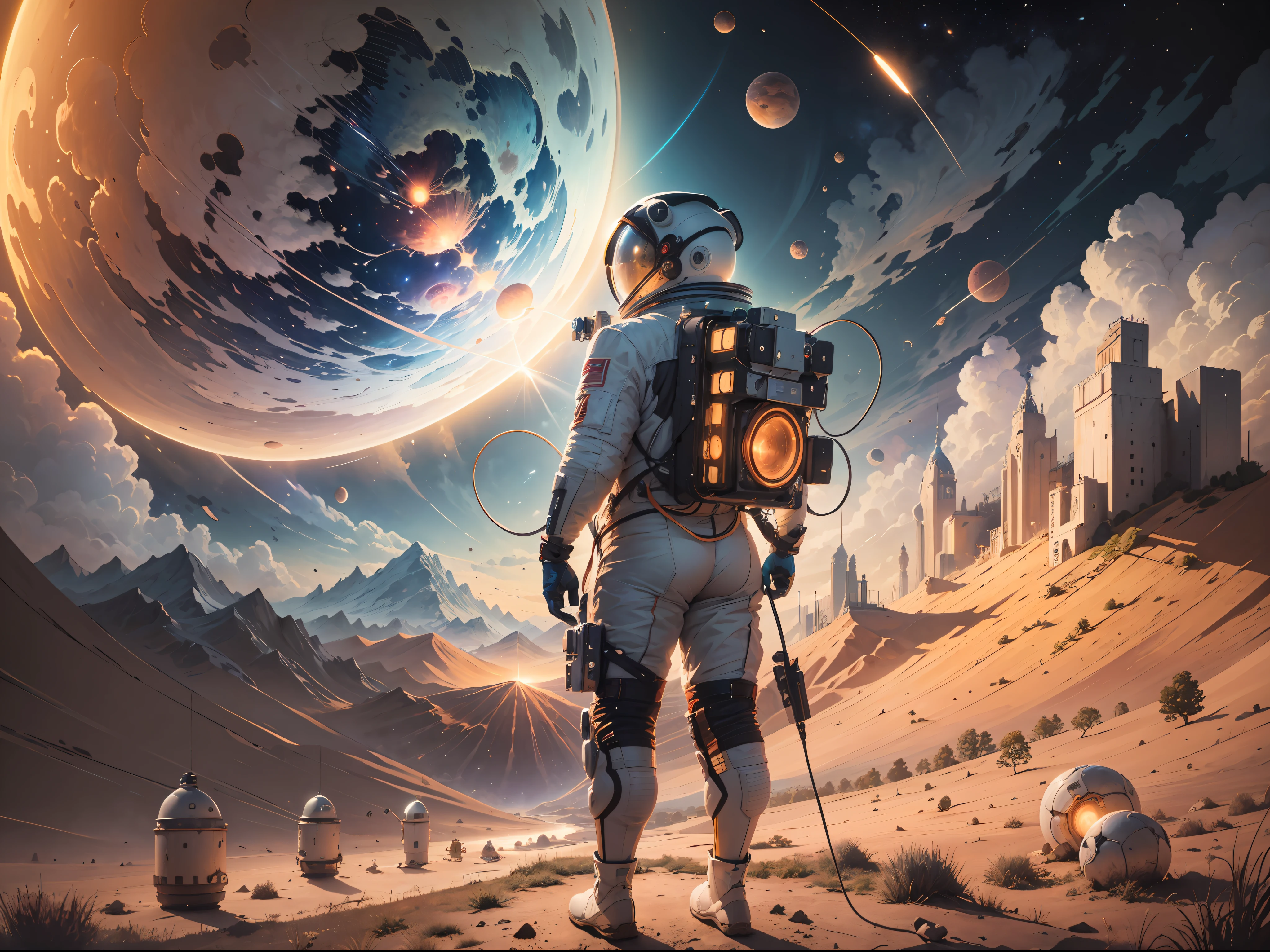 ((Masterpiece)), (Best Quality)), 8K, high detail, hyper-detail, the painting depicts a scene of breathtaking magnificent spatial images. The picture shows a man wearing a spacesuit, facing back, looking at a red glowing planet in space. The scenes are extremely detailed and the clarity is extraordinary, capturing every intricate detail of the panorama.