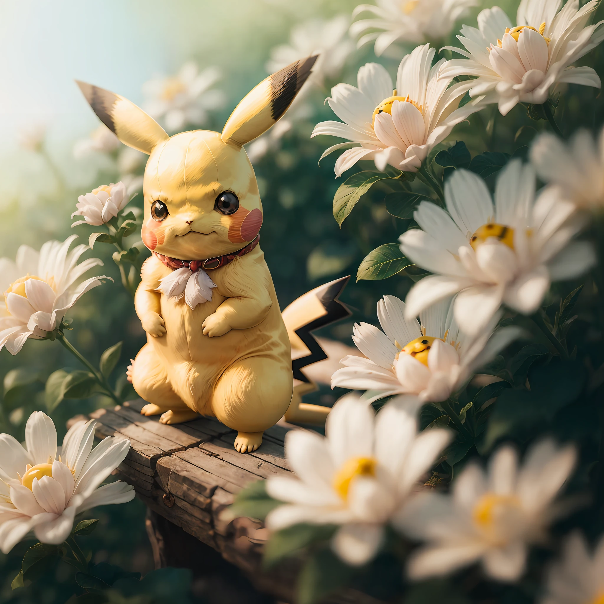 Pikachu portrait, blur, hyperreal, flower, nature, depth of field, to8contrast style