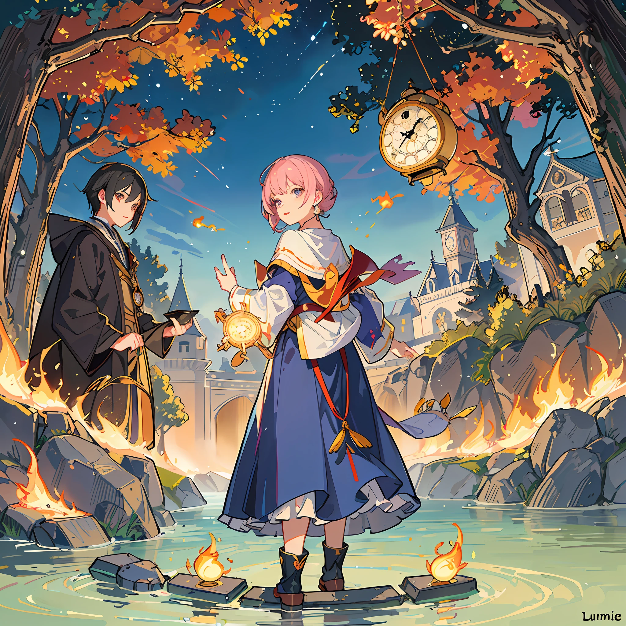 best qualitiy、masterspiece、The highly detailed、detailed backgorund、アニメ、Magical world、flame magic、water magic、The magic of trees、light magic、Dark Magic、A world of five magics mixed、1Man's Apprentice Magical Girl、Practicing Fire Magic、Huge clock tower in the background、Floating clock tower、night landscape、Small cute spirits(flames、The tree、waters、Lumiere、yami)is meeting near the girl