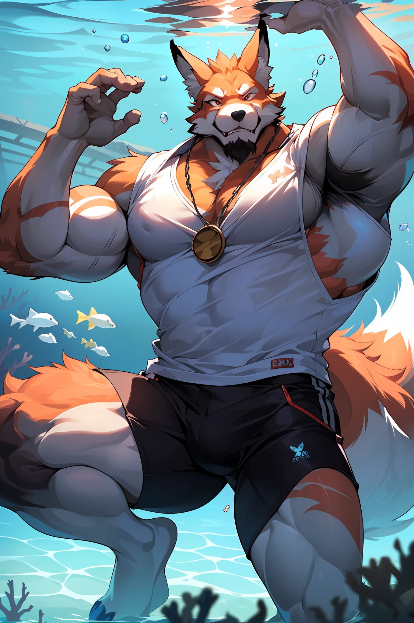 "((1 huge muscular fox-man:1.2) wearing white t shirt and swimming in underwater, coral, fish , huge arm, huge chest, (1man)), scar face, scary face