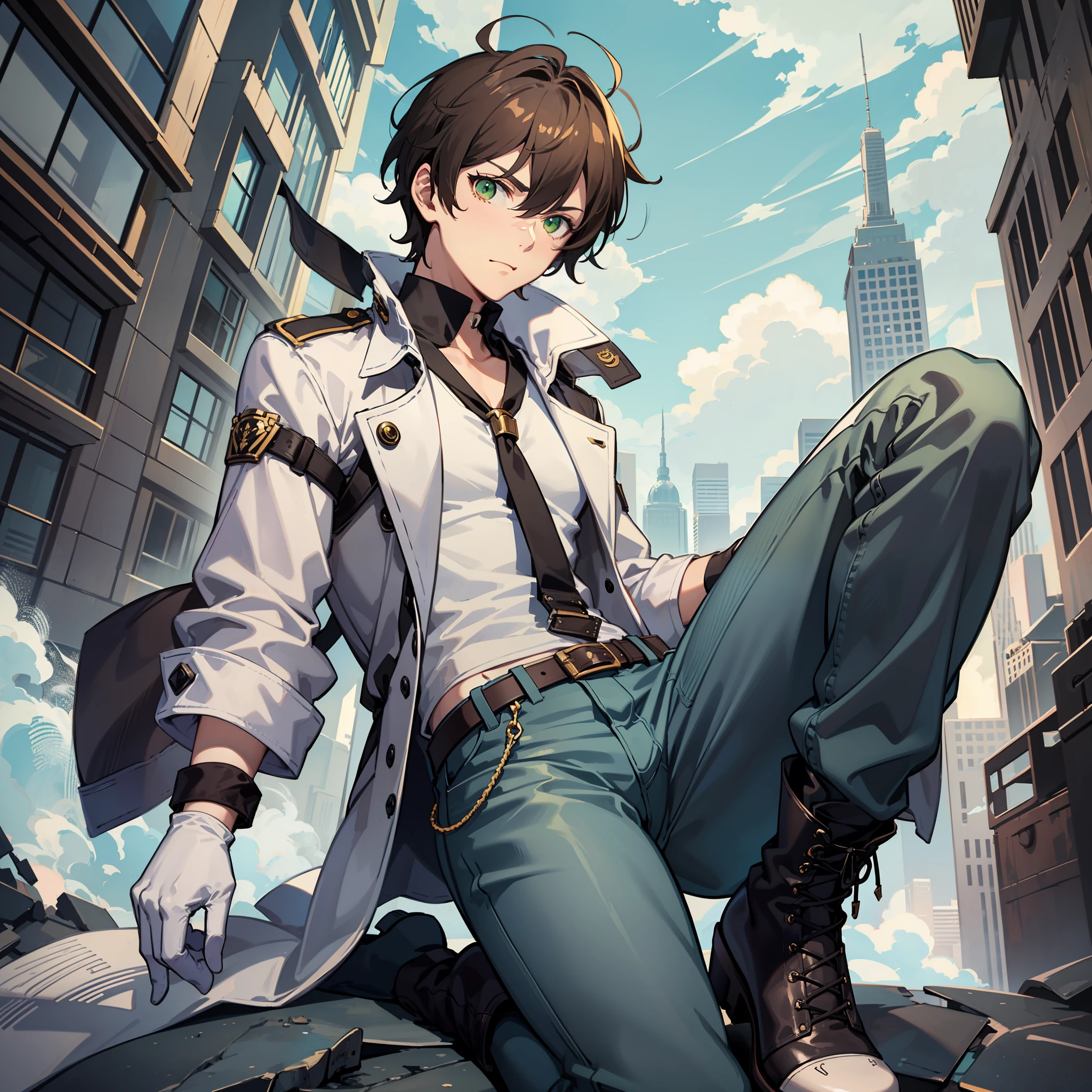 A serious man, Quite a decent figure, Short light brown hair, Green eyes, wearing white gloves, wear shirt, no-sleeves trench coat, Jeans, jump boots, Villain, anime figure