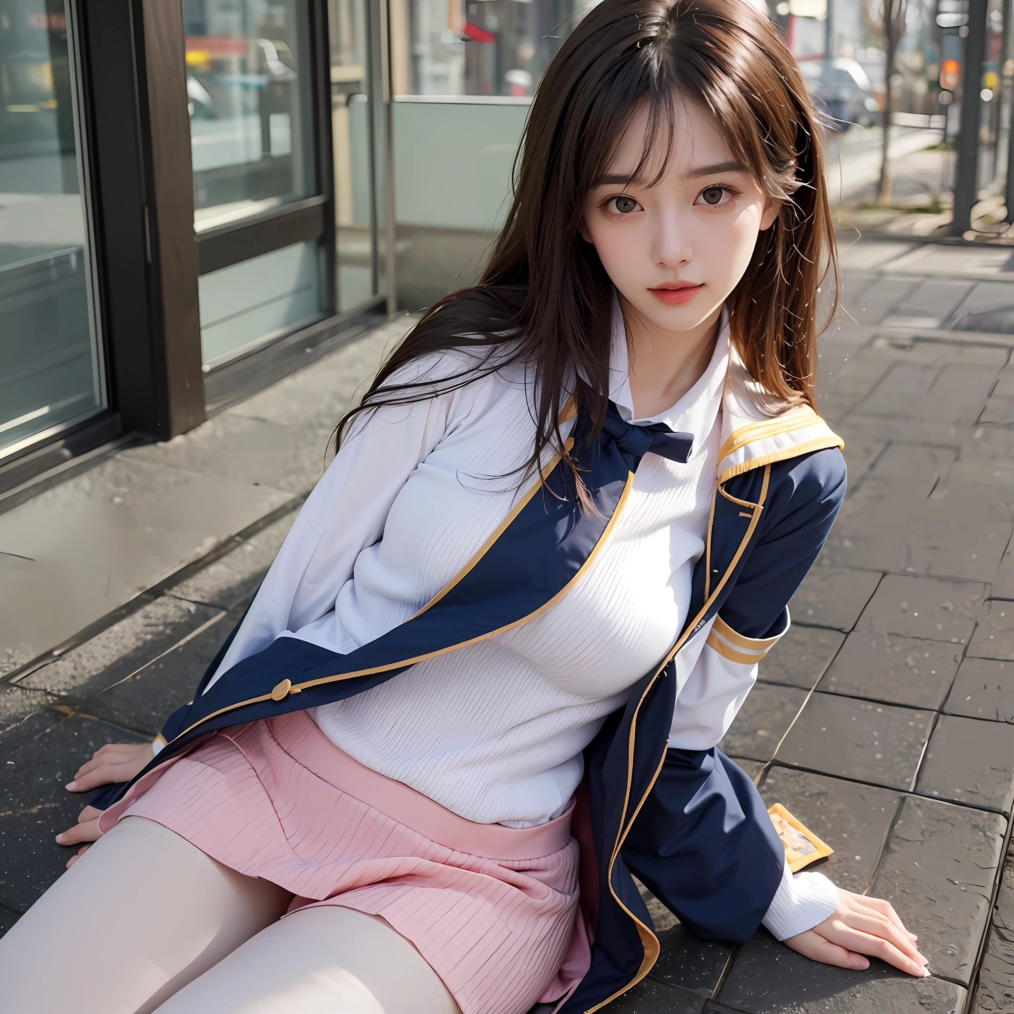 ((Night view.), realistic light, best qualit, Masterpiece:1.3)), 1girle, Beautiful woman with a slim figure: 1.4, (brown hair, Huge breasts: 1.4), Floor, Super detailed face, Detailed eyes, Double eyelidd, Asian woman posing for photo pink dress and white shirt, Japanese school uniform for girls, korean girl, japanese school uniform, Loose jacket collar sailor uniform, sakimichan, Amazing student uniforms, White fashion clothing, ulzzang, wearing japanese school uniform, Stylish white tights set, cute kawaii girl, Korean female fashion model, moaning, Bloom!, 8k --auto --s2