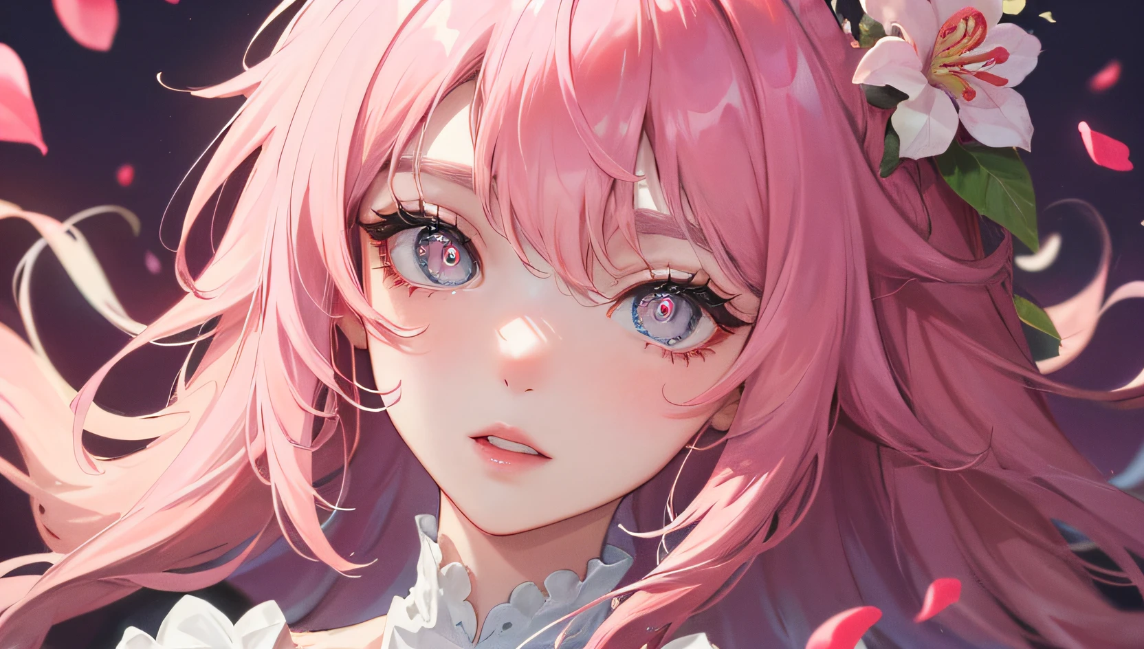 8K, masterpiece, best quality, night, full moon, 1 girl, korean style, mature woman, sister, pink long haired woman, long hair, light pink lips, calm, rational, bangs, gray pupils, wearing a pink flower on the head, flower background, petal dancing, delicate face, delicate hands, close up