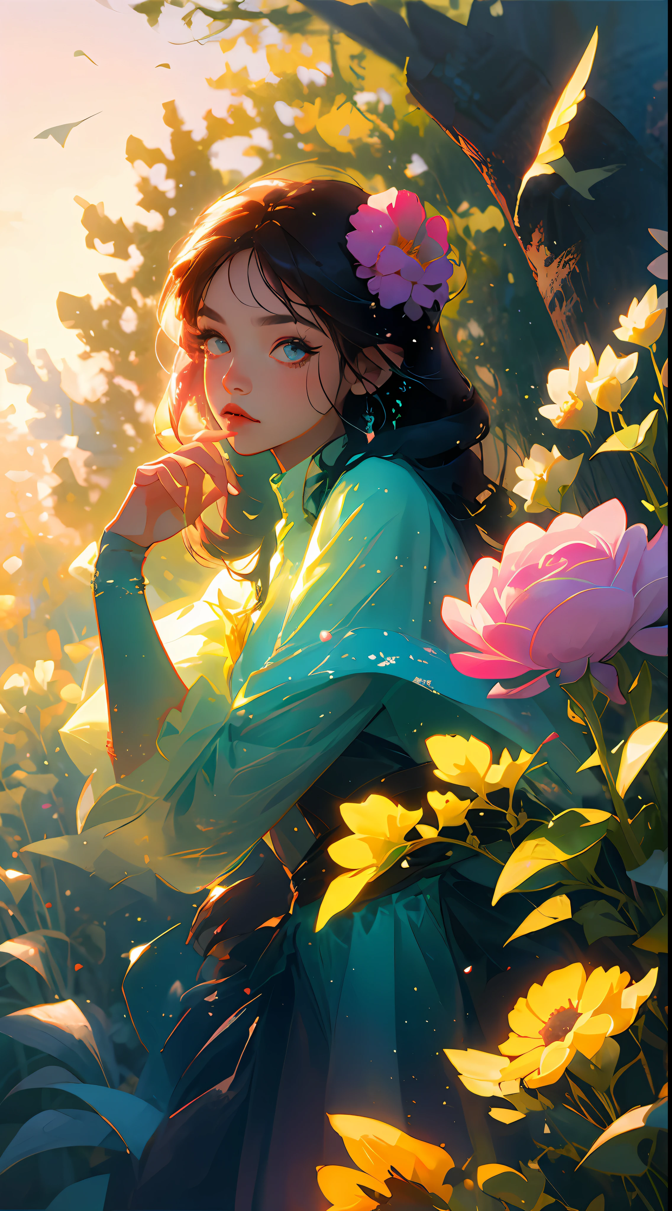 (Best Quality, Masterpiece), 1girl, Pose, Particle, Wind, Flower, Upper Body, Blue-Pink Color Scheme, Simple Background, Looking at the Viewer, Flower Fairy, Wings, Forest,