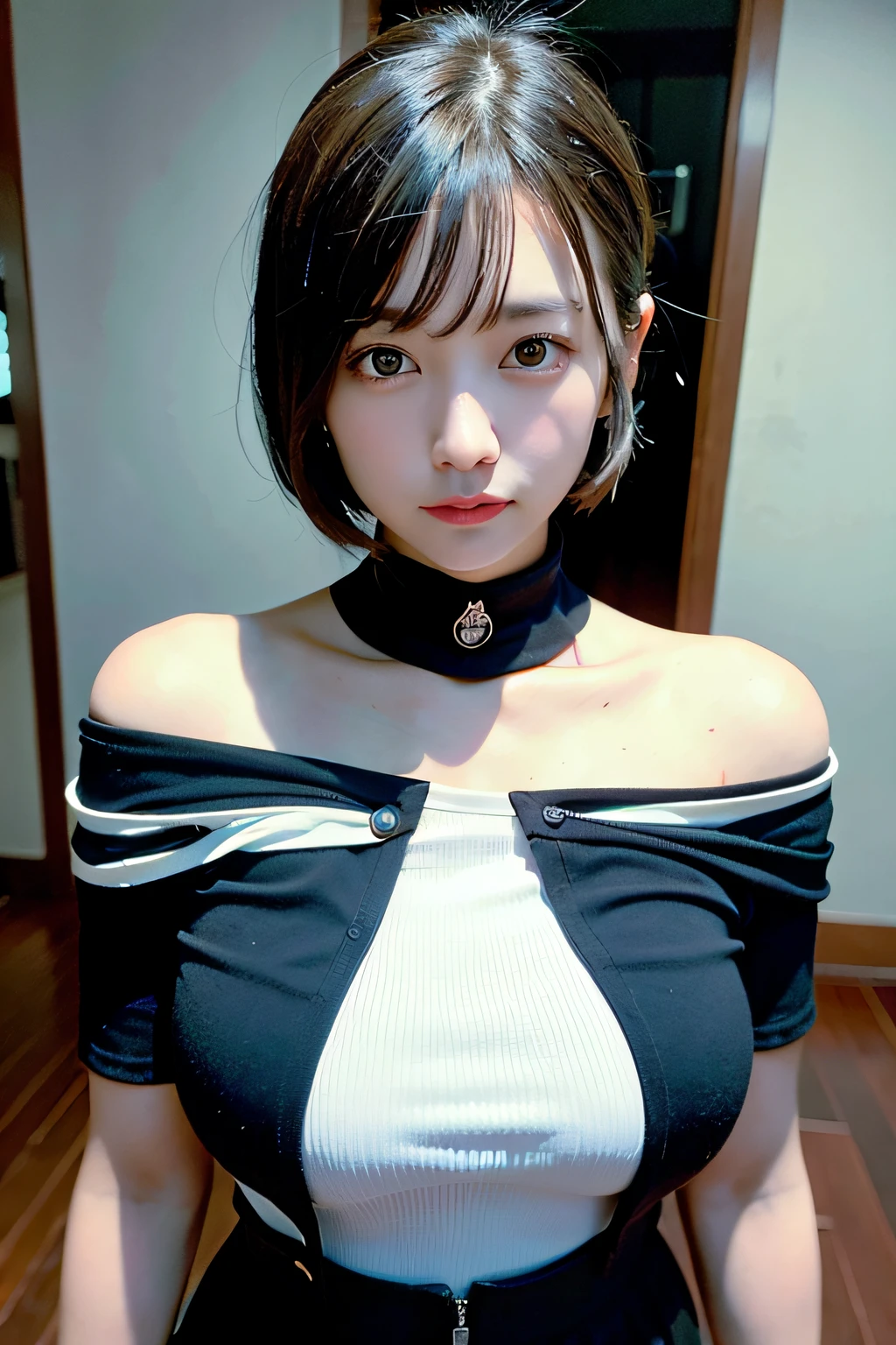Best image quality, 8K resolution, enhanced realism: 1.4, close-up, a beautiful woman in an off-the-shoulder white shirt and black tight skirt, with faded gray hair and black collar, prominent curves, distinctive chest (huge breasts: 1.2), gazes at the viewer.