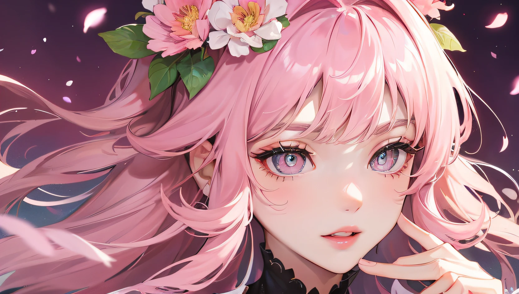 8K, masterpiece, best quality, night, full moon, 1 girl, korean style, mature woman, sister, pink long haired woman, long hair, light pink lips, calm, rational, bangs, gray pupils, wearing a pink flower on the head, flower background, petal dancing, delicate face, delicate hands, close up
