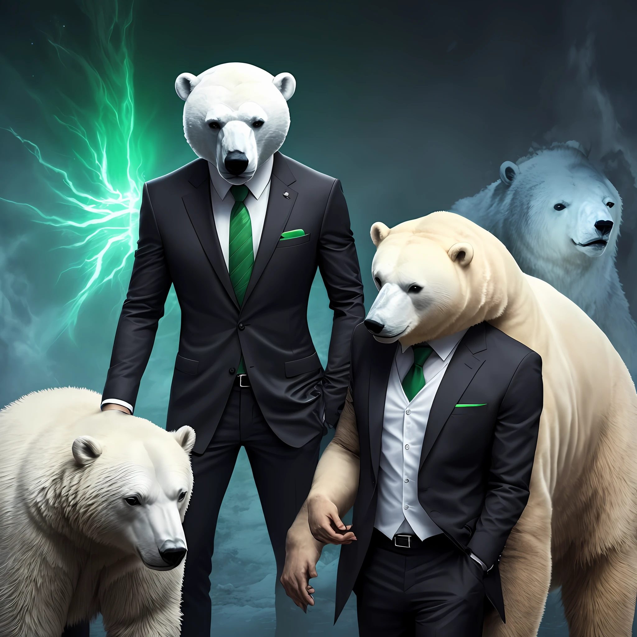 male character in a black suit,green tie, with a polar bear mask, dark --auto