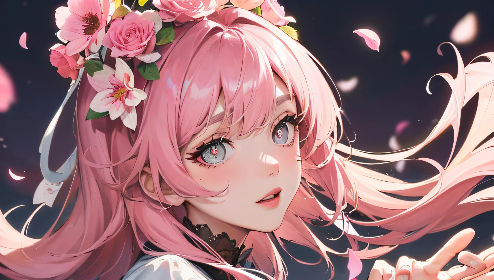 8K, masterpiece, best quality, night, full moon, 1 girl, korean style, mature woman, sister, pink long haired woman, long hair, light pink lips, calm, rational, bangs, gray pupils, wearing a pink flower on the head, flower background, petal dancing, delicate face, delicate hands, close up
