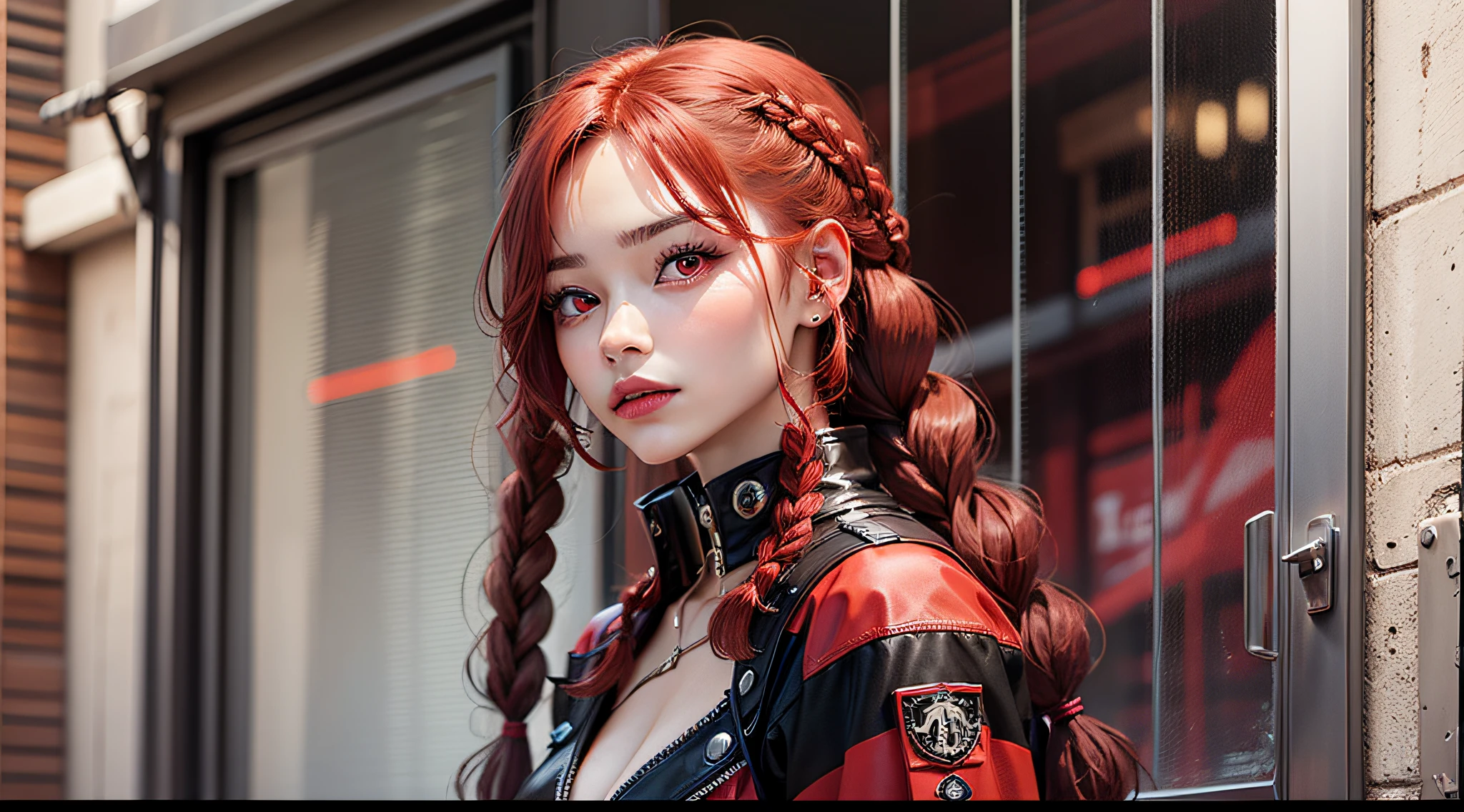 Red-haired woman with scarlet red eyes with braids, arafed dans une combinaison rouge futuriste, taches de rousseur