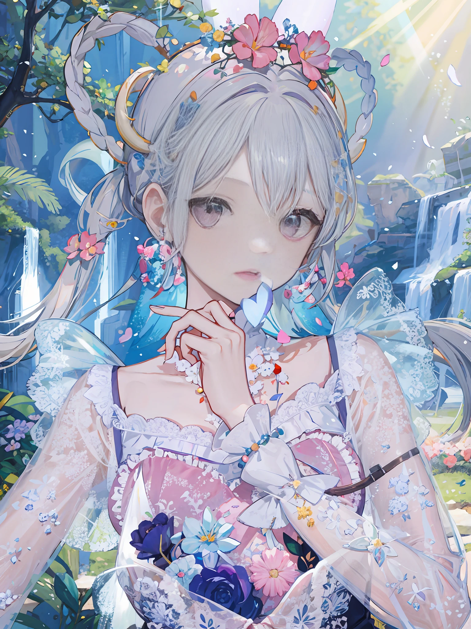 there is a woman with a white dress and a pink dress, loli, 🌺 cgssociety, fairycore, Guwiz, fantasy aesthetic!, ethereal fairytale, SSAO 8 K, 8K)), pale milky white porcelain skin, dreamy and detailed, Inspired by Huang Ji, Ethereal fantasy,