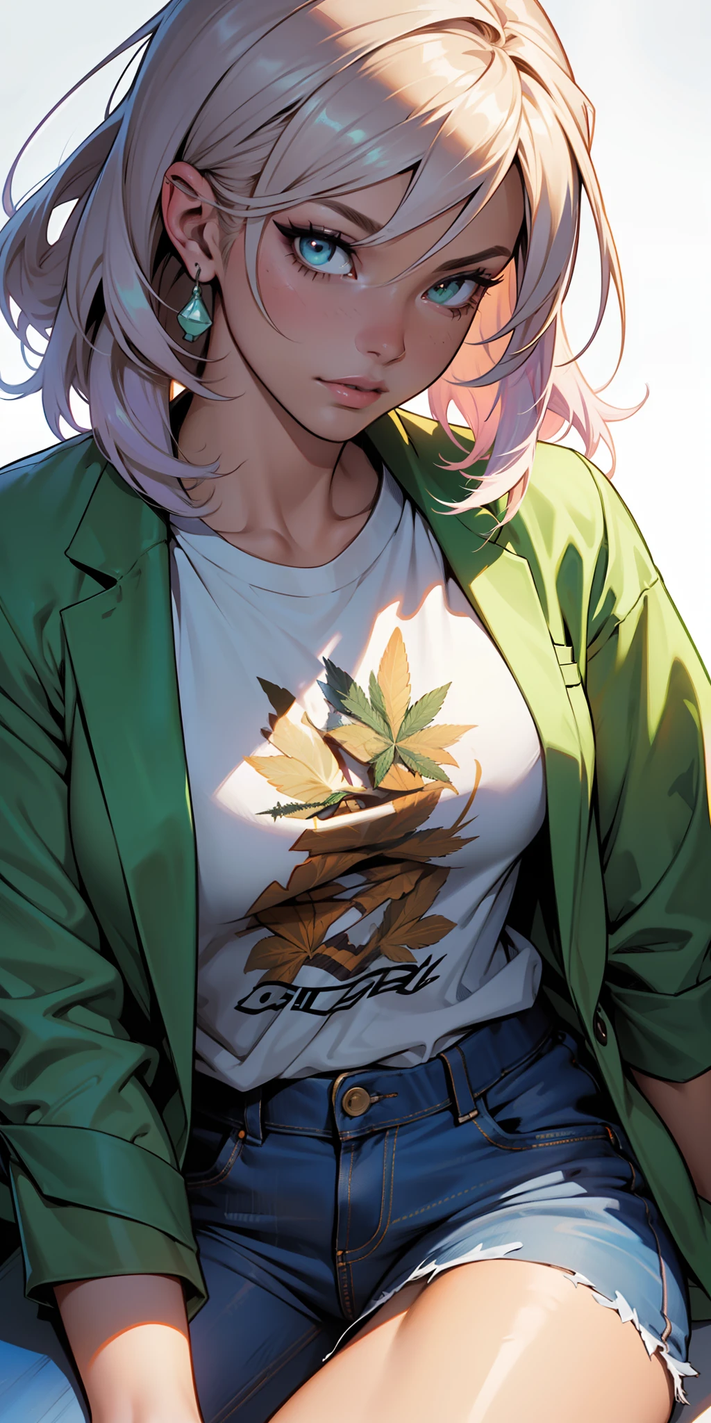 Background, mixed-language_SMS, Japanese letters in graffit, (beautiful and clear background:1.2),, fantastic paintings ,graffit style, olhos altamente detalhados , a white t-shir, cannabis print, marijuana tattoo, Loving, steeply, stylishly, fashionably, ultra detailed hair, Masterpiece, Best Quality, hig quality, high-resolution, detail enhancement, ((most beautiful image in the world)), Masterpiece, Best Quality, hig quality, high-resolution, detail enhancement, ((most beautiful image ), light lavender hair, Mint hair, Shiny degraded hair, t-shirt stampa flores, wearing jeans,, art by stjepan sejic, art by j scott campbell, art by guillem march, art by citemer liu, 4k, High Resolution, comic book character, comic, high quality detailed, style of ::2.0 comix illustration style,tatoon style, hig quality, high-resolution, detail enhancement, 8K, HD, Best Quality, hig quality, high-resolution, detail enhancement, 8K, HDR, Sharp focus, Ultra Detailed, Perfect lighting
