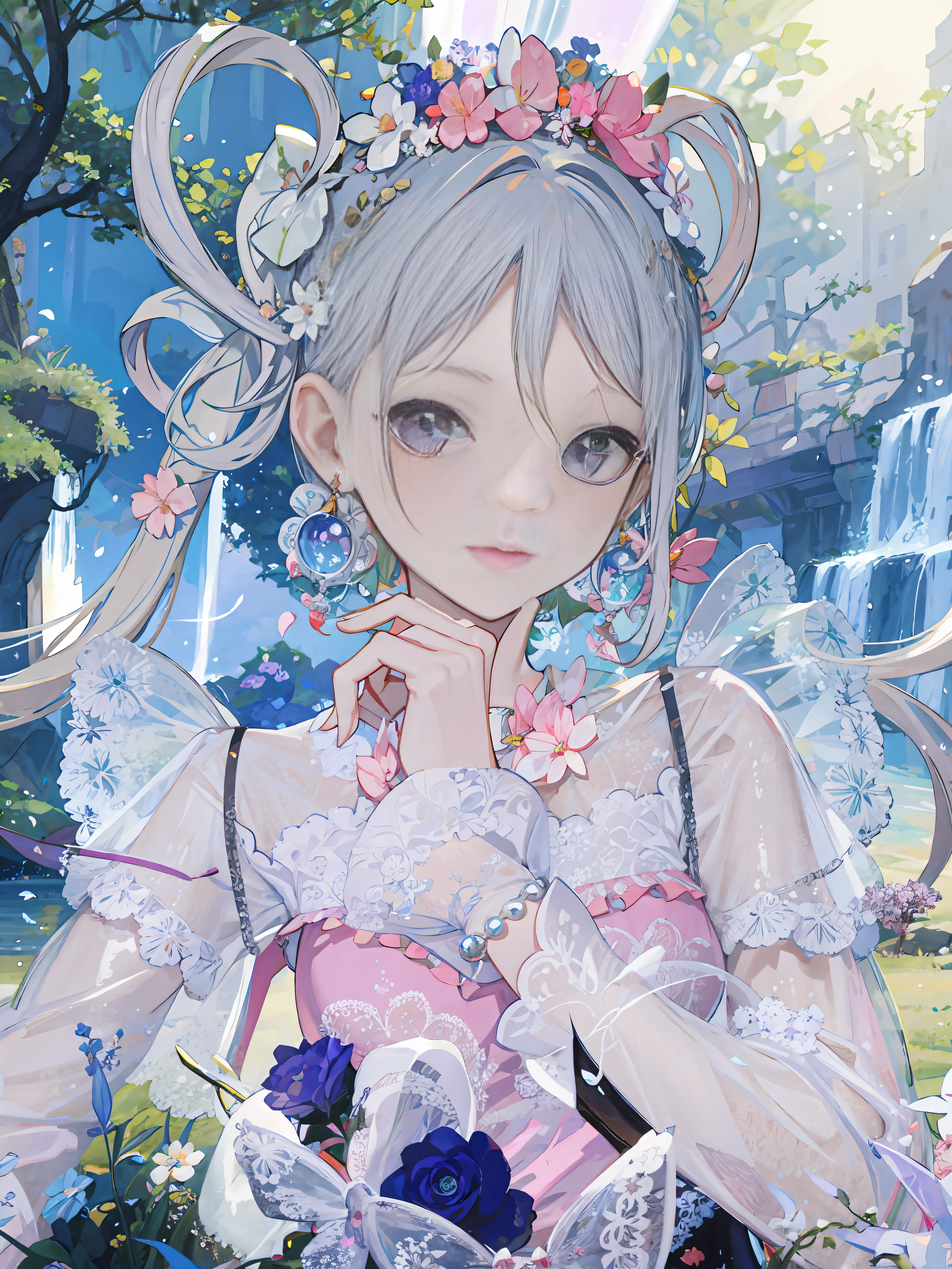 there is a woman with a white dress and a pink dress, loli, 🌺 cgssociety, fairycore, Guwiz, fantasy aesthetic!, ethereal fairytale, SSAO 8 K, 8K)), pale milky white porcelain skin, dreamy and detailed, Inspired by Huang Ji, Ethereal fantasy,