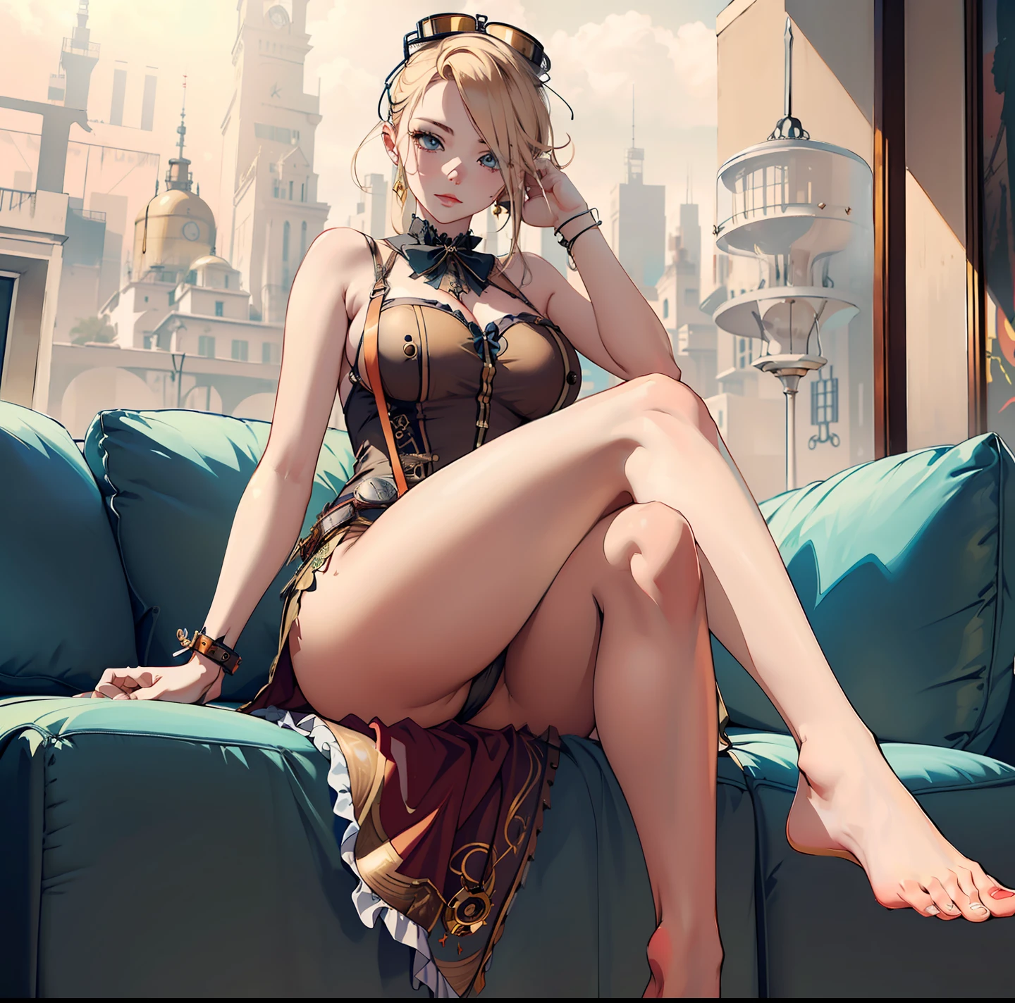 ((beautiful soles)), feet focus, foot fetish ((steampunk)), ((masterpiece)), (best quality), perfect anatomy, highres, detailed, 1girl, beautiful detailed eyes, jewel-like eyes, ((bare ass)), (smug), big ass, thin waist