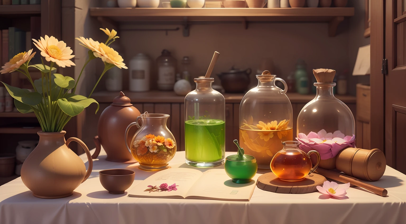 estilo dos desenhos animados,Q version,high resolusion,A flower basket,A book has potions on it,Equipment for making potions,A can accompanies you,A table,A carpet,petals --auto