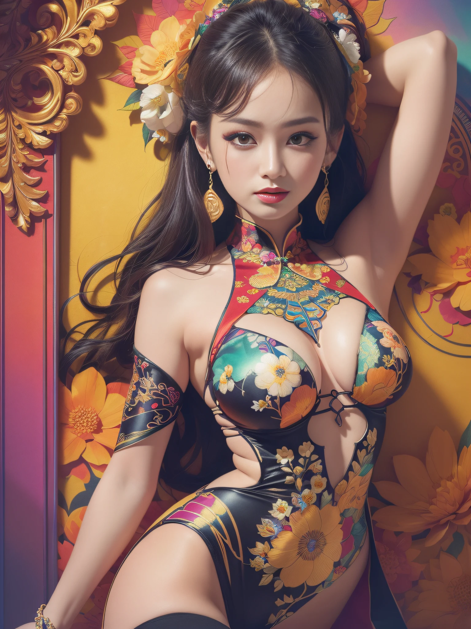 (masterpiece, top quality, best quality, official art, beautiful and aesthetic:1.2), (1girl:1.3), extremely detailed,(fractal art:1.1),(colorful:1.1)(flowers:1.3),highest detailed,(zentangle:1.2), (dynamic pose), (abstract background:1.3), (chinese dress:1.2), (shiny skin), (many colors:1.4), ,(earrings:1.4),