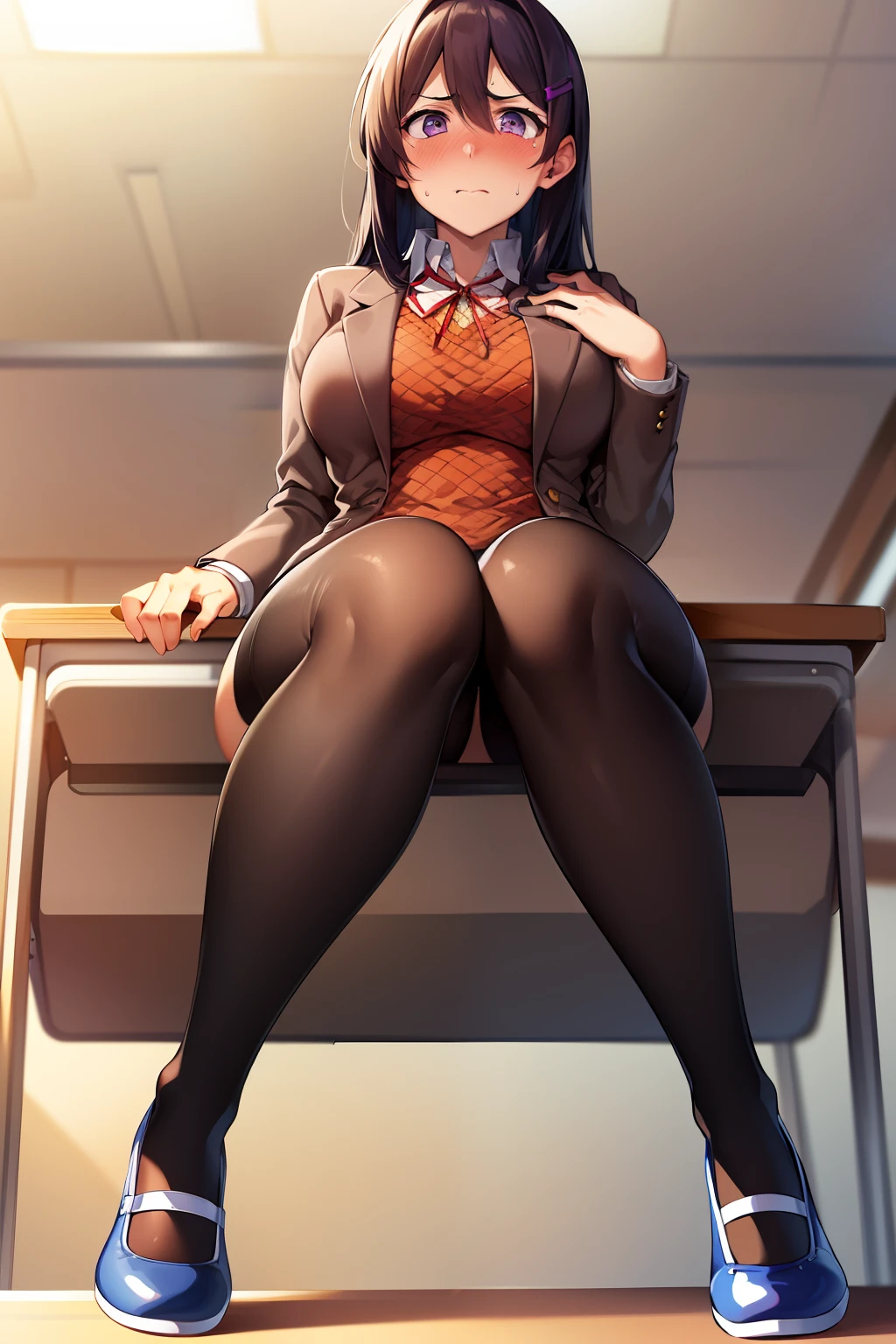 2d, masterpiece, best quality, anime, highly detailed, 1girl, solo, yuri, purple hair, purple eyes, hair between eyes, hairclip, very long hair, school uniform, straight-on, (full body:1.5), (from below:1.5), thick thighs, looking down at viewer, upskirt, (large breasts:1.3), field, (looming:1.3), mature female, high quality, hd quality, masterpiece, photorealistic, (presenting foot, shoe soles, close-up foot:1.3), intense angle, :d, (sitting on desk:1.6), very low angle, female pervert, toragao, (sitting:1.5), (white undershirt, orange sweater:1.2), (brown jacket:1.4), (absolute territory, black thighhighs:1.4), (uwabaki:1.5), full body in frame, (classroom, indoors:1.3), clasroom desk, blue skirt, (hand on desk:2), (one hand at side:1.6), (embarrassed, surprised:1.6), (sweat:1.2), anime girl sitting on a desk with her legs crossed, hyperrealistic schoolgirl, realistic schoolgirl, a hyperrealistic schoolgirl, seductive anime girl, smooth anime cg art, thighs close up, thighs!!!, beautiful anime girl squatting, commission for high res, large thighs, extremely detailed artgerm, sitting on a desk, on a desk, (hand on chest, resting hand on chest:1.1), (hand at side:1.3), closed mouth, frown, blazer, brown sweater, collared shirt, neck ribbon, blue skirt