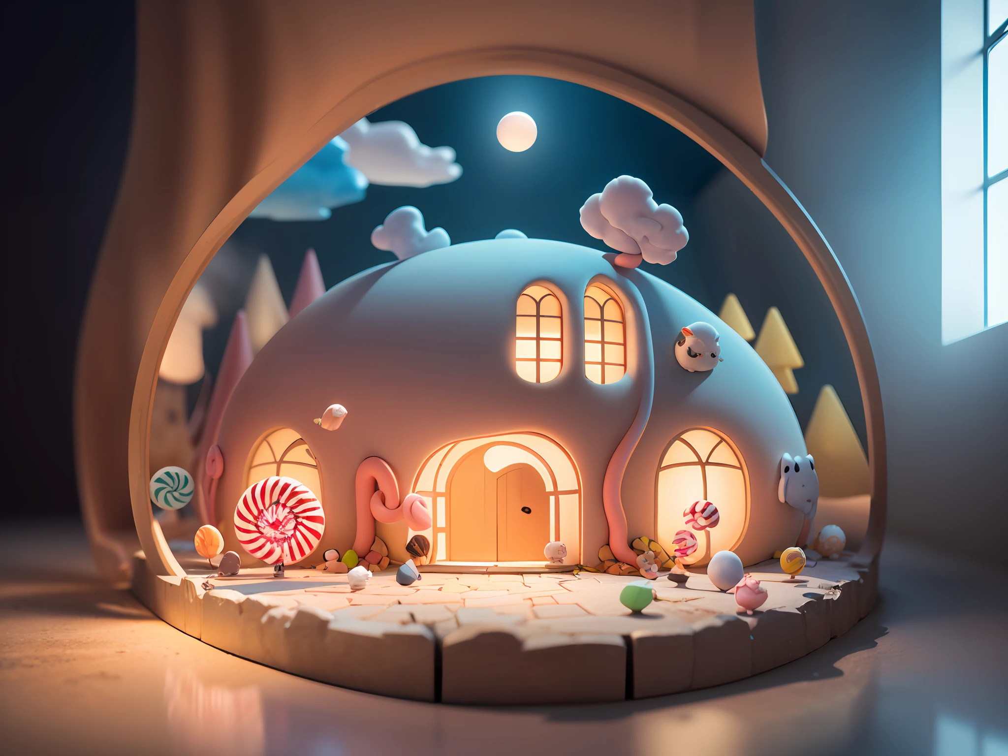 (cute world of candy, full size 3d candyland), highly detailed, super cute, superb lighting, volumetrics, by Jon Klassen, Ghibli Studio style, Tilt - shift, 80mm lens, unreal engine, Large aperture, 3d, blender, masterpiece, super detail, best quality, --v6