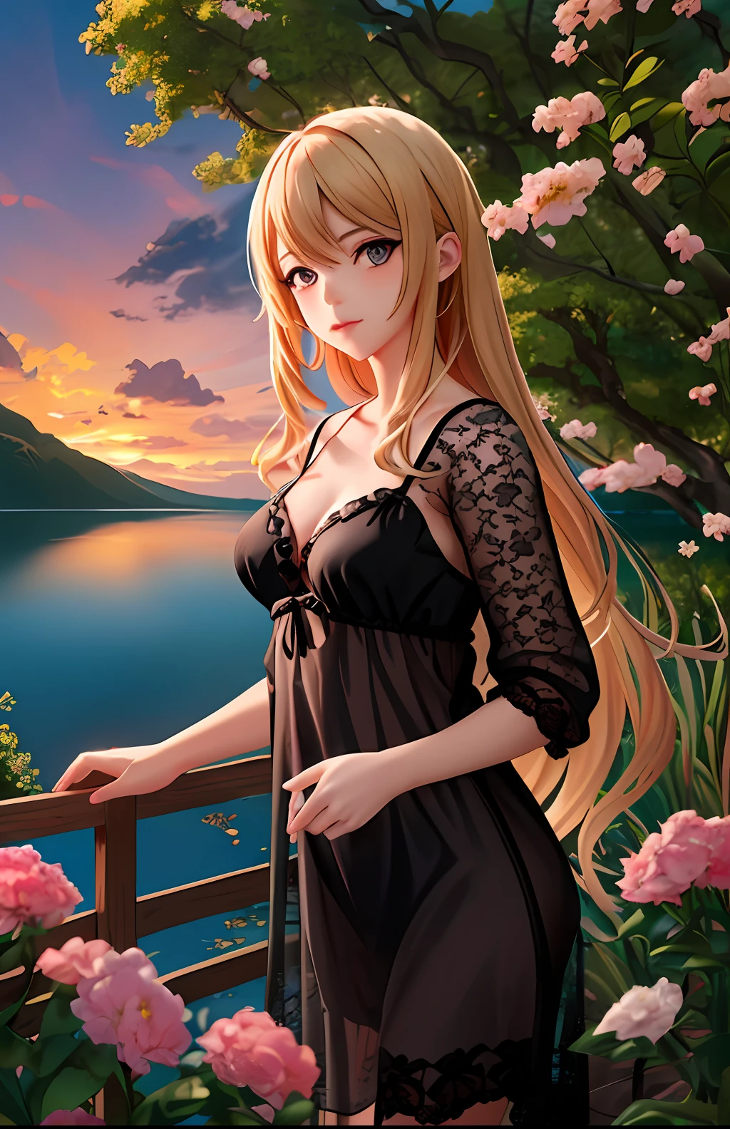 landscape, nature, magnificient, wonderful, sunset in the style of wlop and alena aeinami, digital painting, lake, waterfalls, flowers,Best quality, masterpiece, ultra high res, (photorealistic:1.4), raw photo, 1girl, ((black lace nightgown)), ((small breast)), cold light