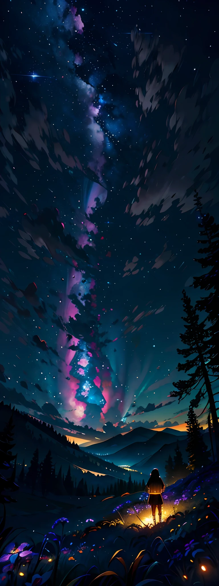 Expansive landscape photograph, (view from below with a view of the sky and the wilderness below), little girl standing in a flower field looking up, (full moon: 1.2), (shooting star: 0.9), (nebula: 1.3), distant mountain, tree break production art, (warm light source: 1.2), (firefly: 1.2), lamp, purple and orange, intricate detail, volume lighting BREAK (masterpiece: 1.2), (highest quality ), 4k, ultra-detailed, (dynamic configuration: 1.4), highly detailed and colorful details (iridescent: 1.2), (sparkling lighting, atmospheric lighting), dreamy, magical, (solo: 1.2)