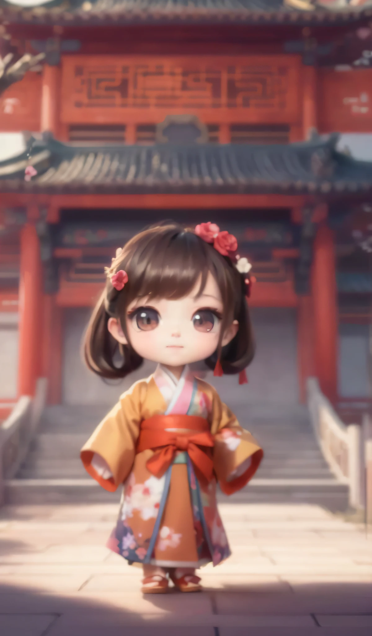 a cartoon girl in a kimono outfit standing in front of a building, royal palace , A girl in Hanfu, ancient chinese princess, Chinese princess, Stylized anime, onmyoji, onmyoji portrait, ancient asian dynasty princess, inspired by Pu Hua, kawaii realistic portrait, wearing ancient Chinese clothing, inspired by Lan Ying, inspired by Li Mei-shu