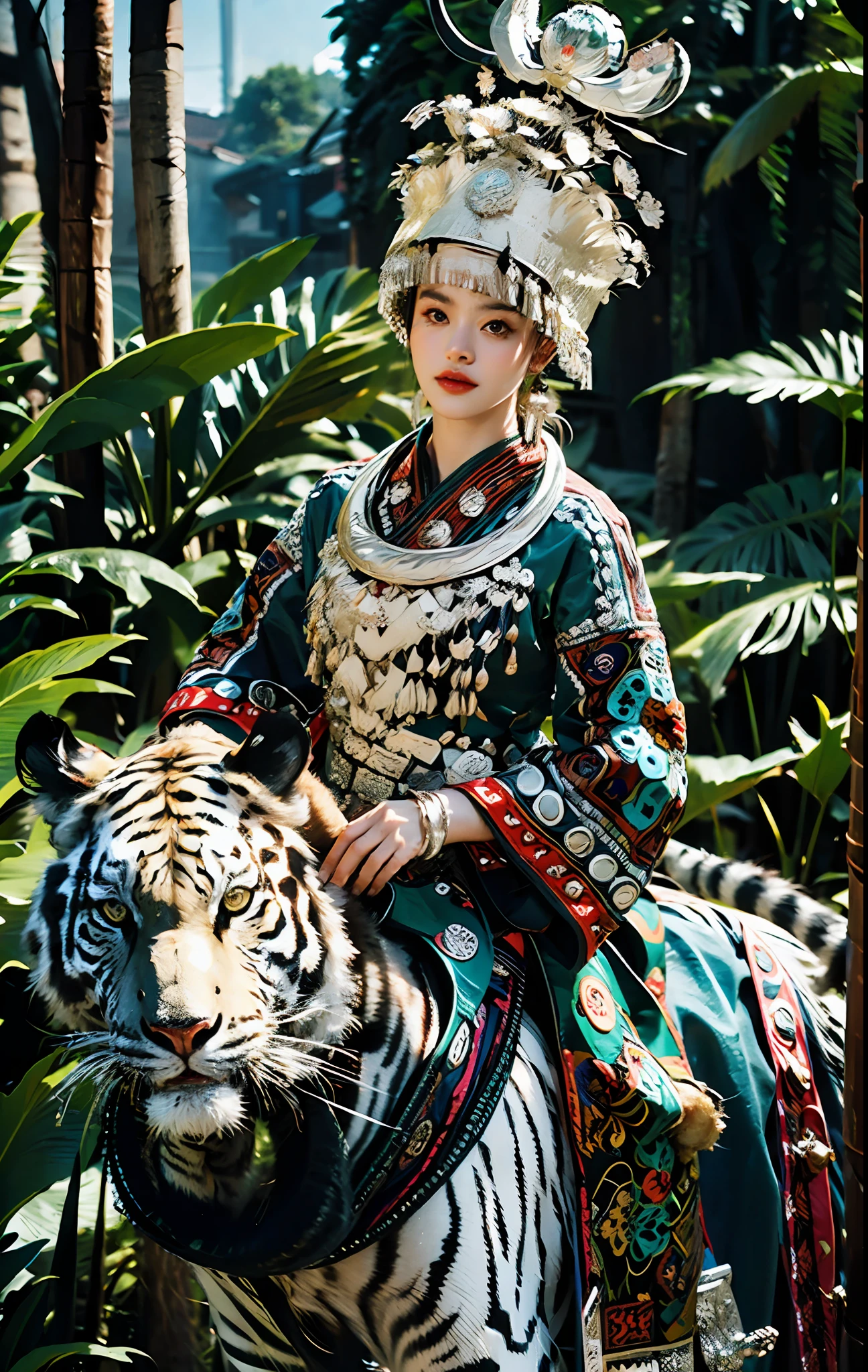 raw photo,ultra realistic,(masterpiece, 8k uhd, HDR, extremedetailed, intricate details, best quality, professional, vividcolors),
(1girl wearing costume and riding on a a white tiger inJungle),Reins,(Traditional headwear:1.2),
((Jungle scapel),looking at viewer,dutch angle,