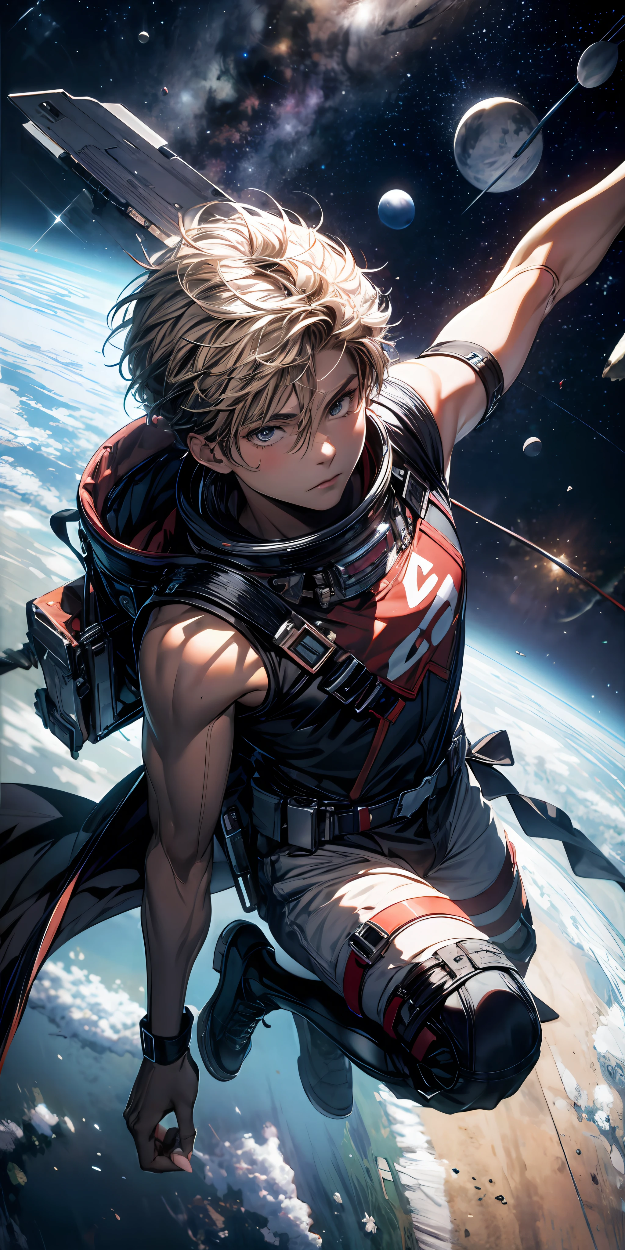 ridiculous resolution, high resolution, (masterpiece:1.4), super detailed, 1boy, seen from above, space, floating, --v 6