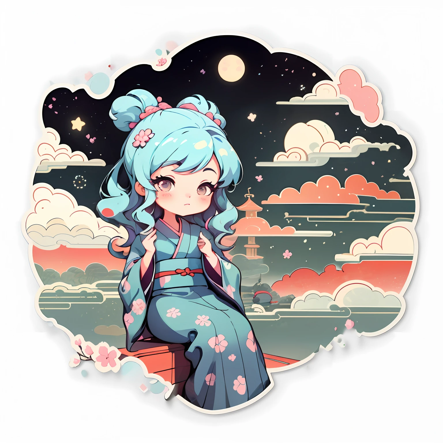 1 sticker, sticker, nikkaze, (cute girl), (gorgeous kimono), (gorgeous hair accessory), (Japanese traditional hairstyle), cherry blossoms, clouds, behind is a huge round moon, stars, white background, no background, simple background, minimal, cute, tiny, pastel color, vector style, no gradient