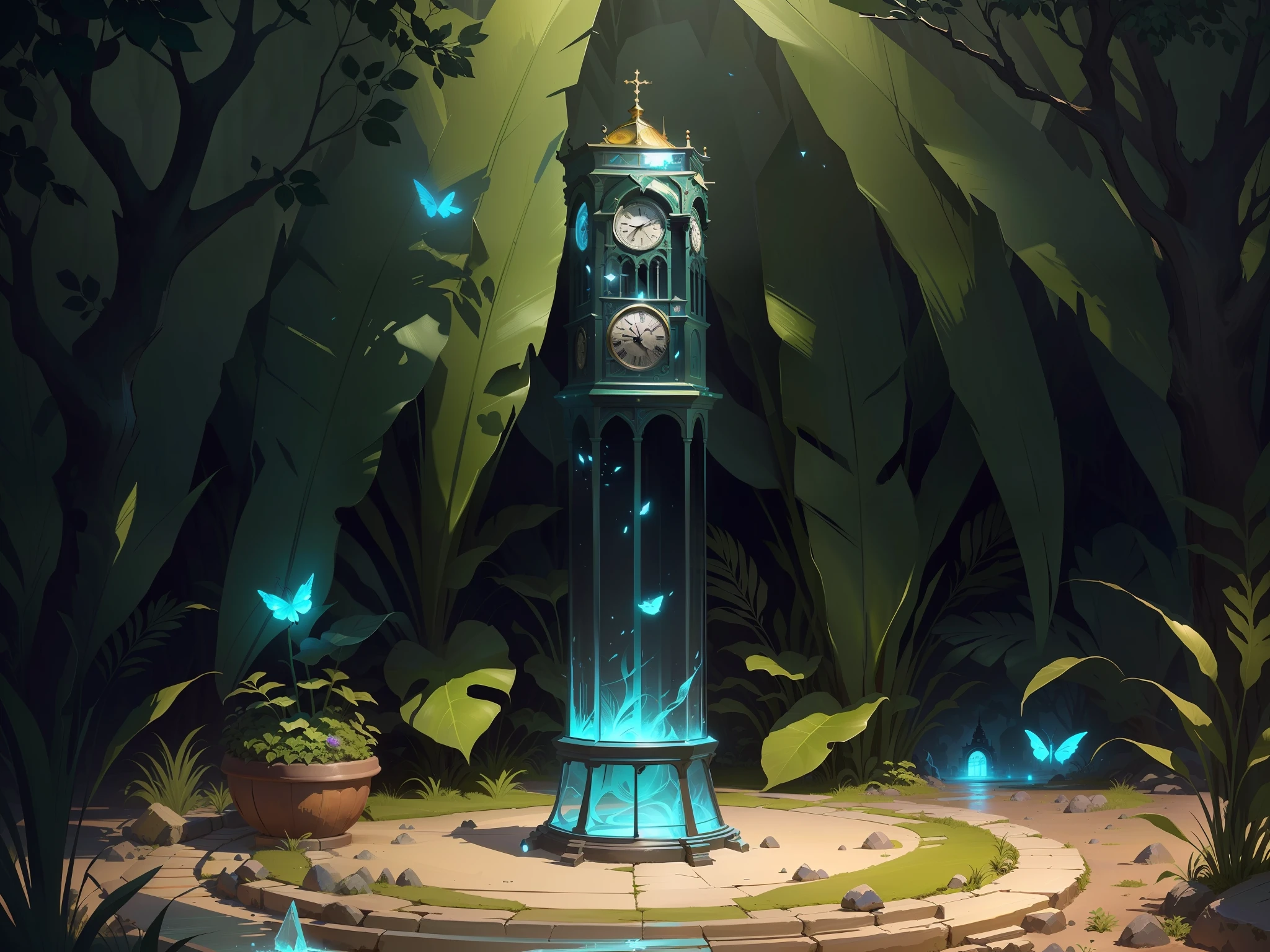 there is a clock tower in the middle of a forest, full of glass. cgssociety, magical fantasy 2 d concept art, concept art illustration, concept art magical highlight, concept illustration, detailed digital concept art, illustration concept art, arte de fundo, by Yang J, environment design illustration, background artwork, environment concept art, 8k hd wallpaperjpeg artifact