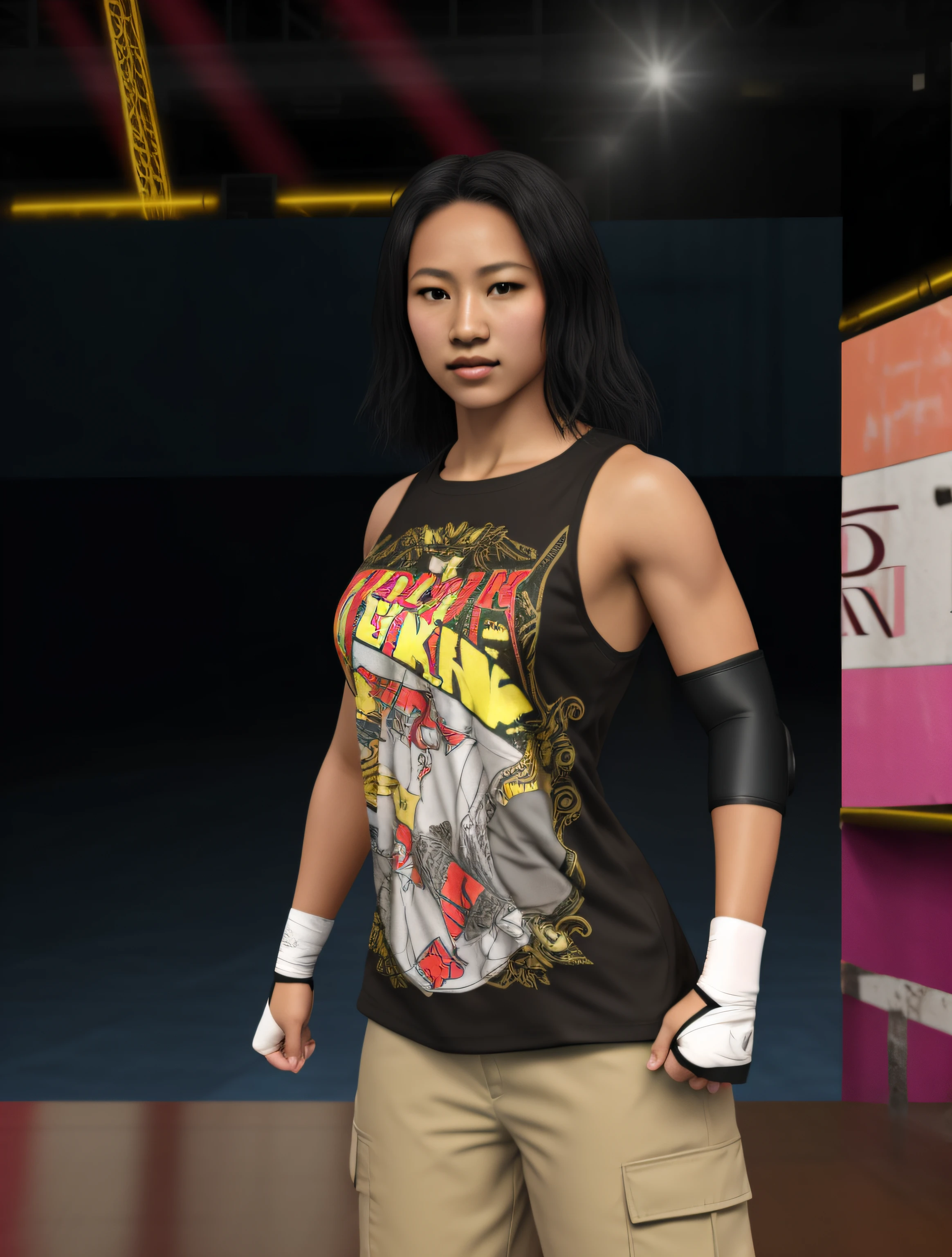 Blasian female wrestler, in black yellow red and grey shirt with a band logo, black elbow pad on the left arm, white hand-wraps, brown cargo pants, photo realistic, intricate details